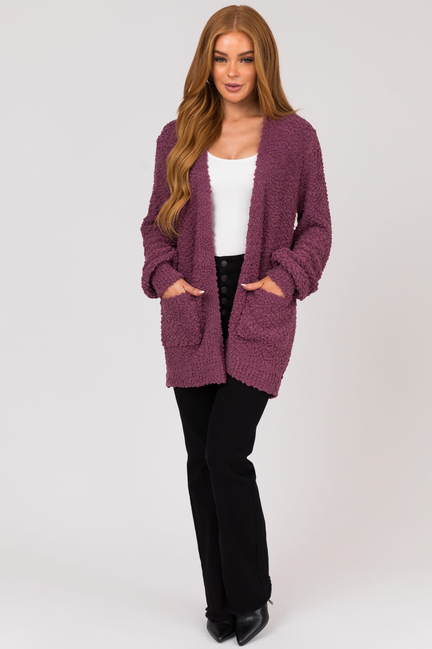 Berry Popcorn Knit Open Front Cardigan