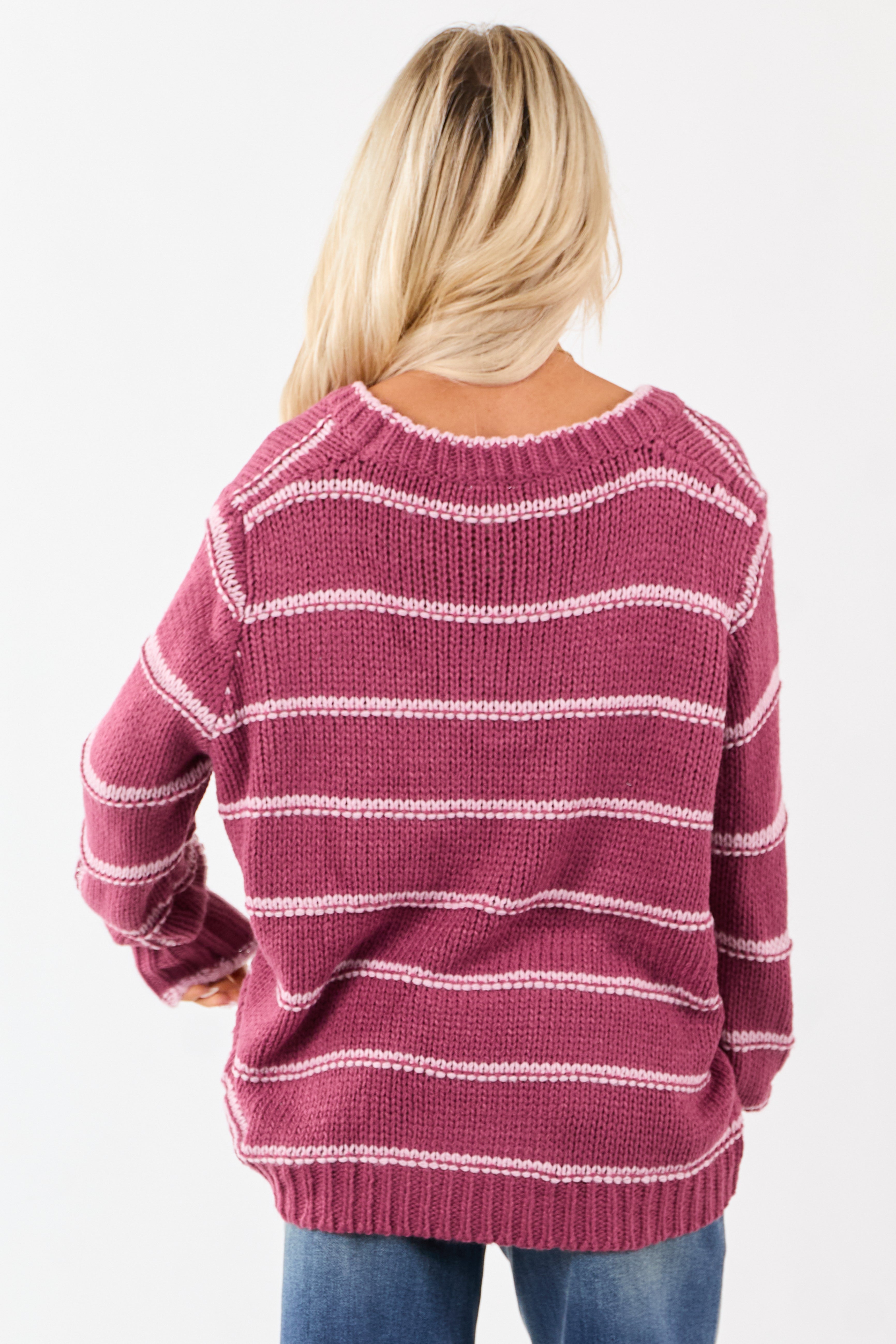 Berry Striped V-Neck Knit Pullover Sweater