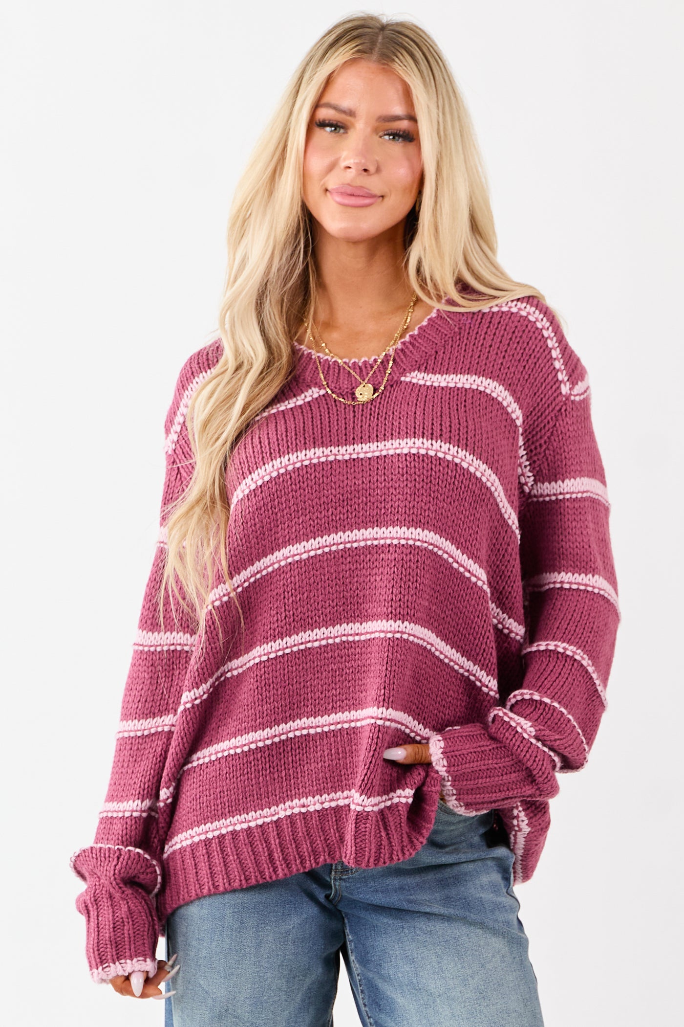 Berry Striped V-Neck Knit Pullover Sweater