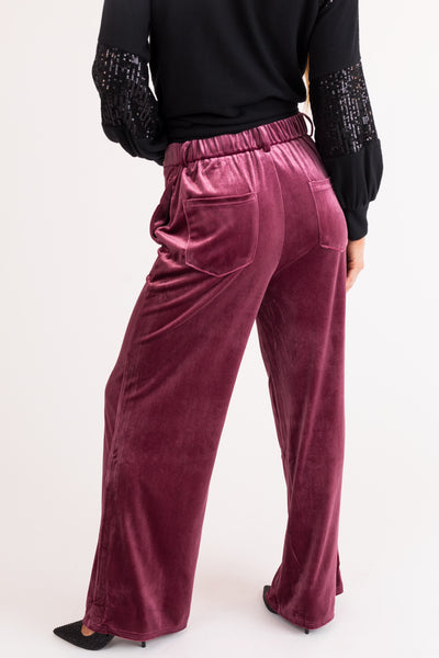 Berry Velvet Wide Leg High Waisted Pants