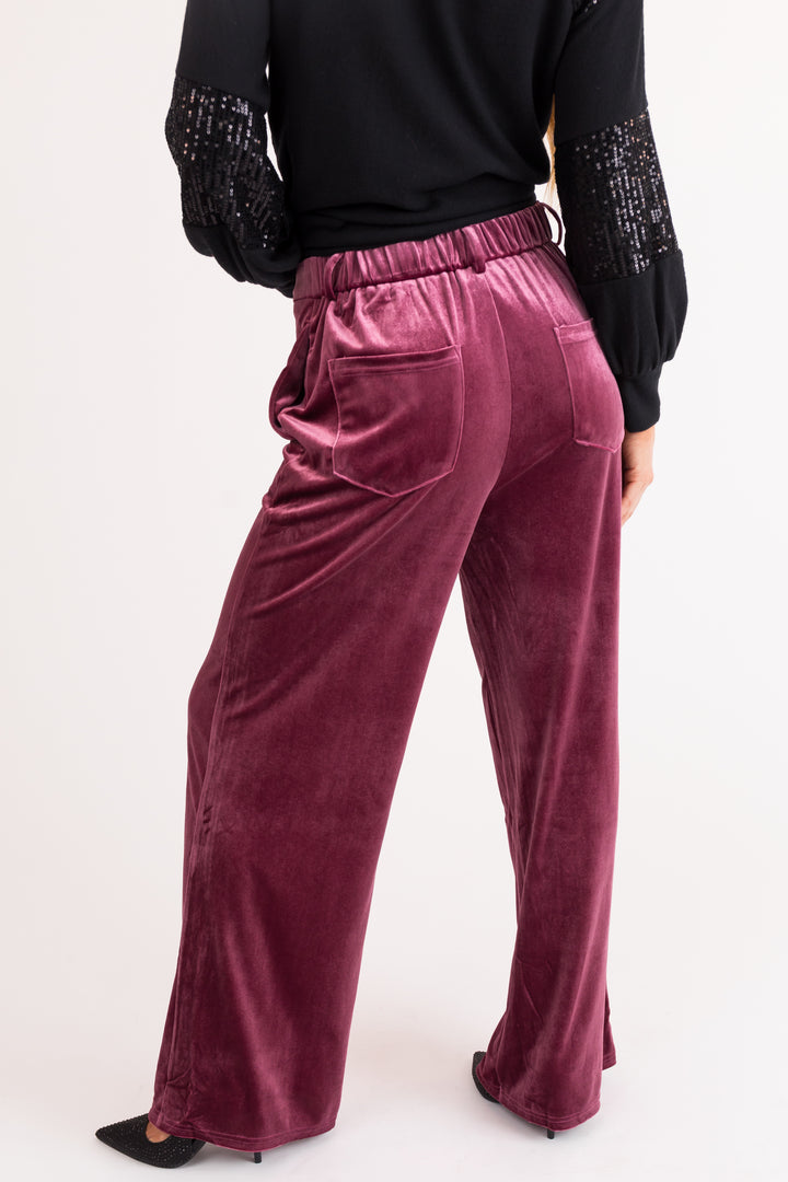 Berry Velvet Wide Leg High Waisted Pants
