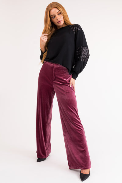 Berry Velvet Wide Leg High Waisted Pants