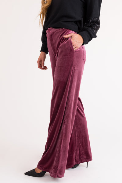 Berry Velvet Wide Leg High Waisted Pants
