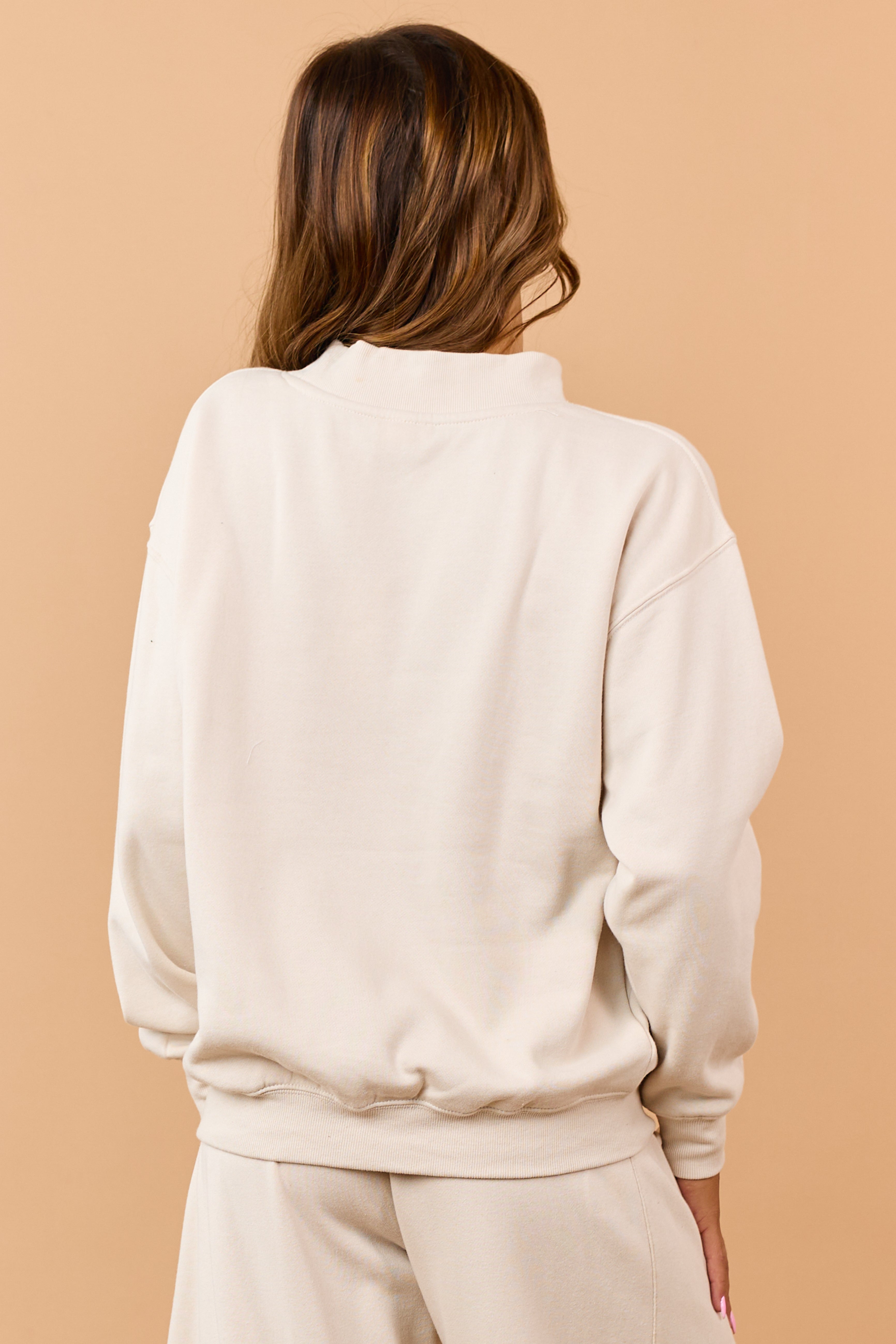 Beige Mock Neck Ribbed Trim Pullover Sweatshirt