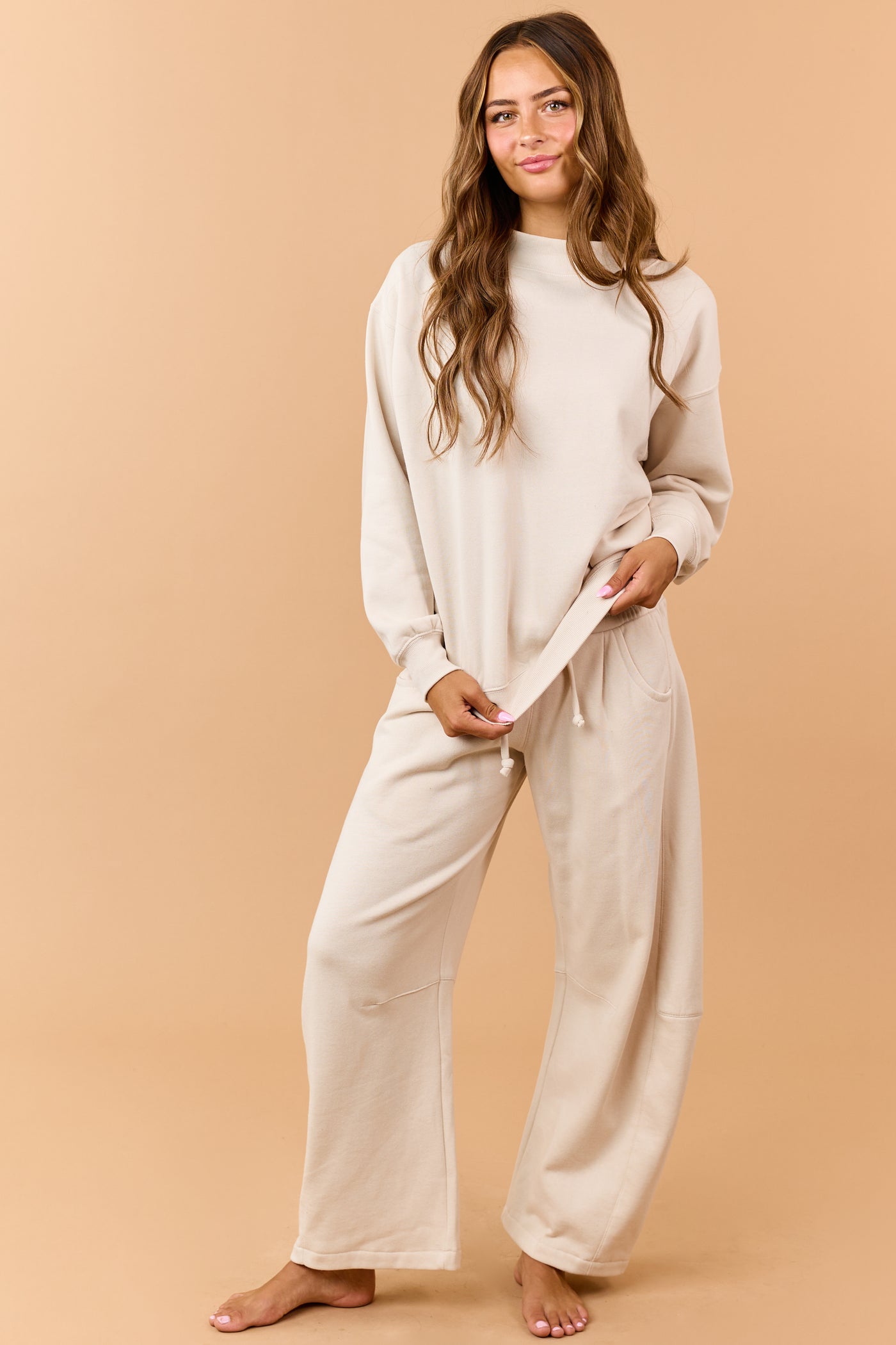 Beige Mock Neck Ribbed Trim Pullover Sweatshirt