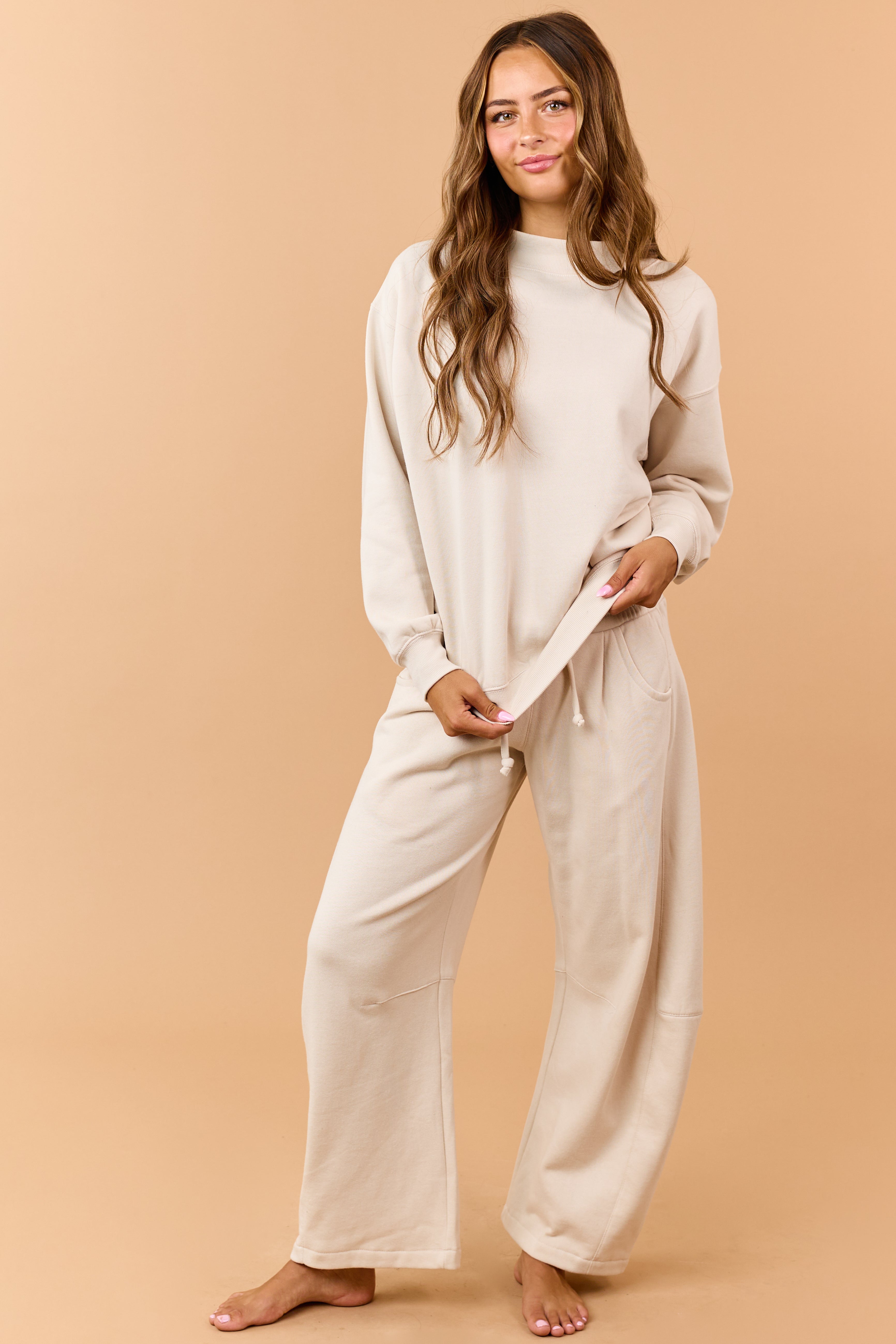 Beige Mock Neck Ribbed Trim Pullover Sweatshirt