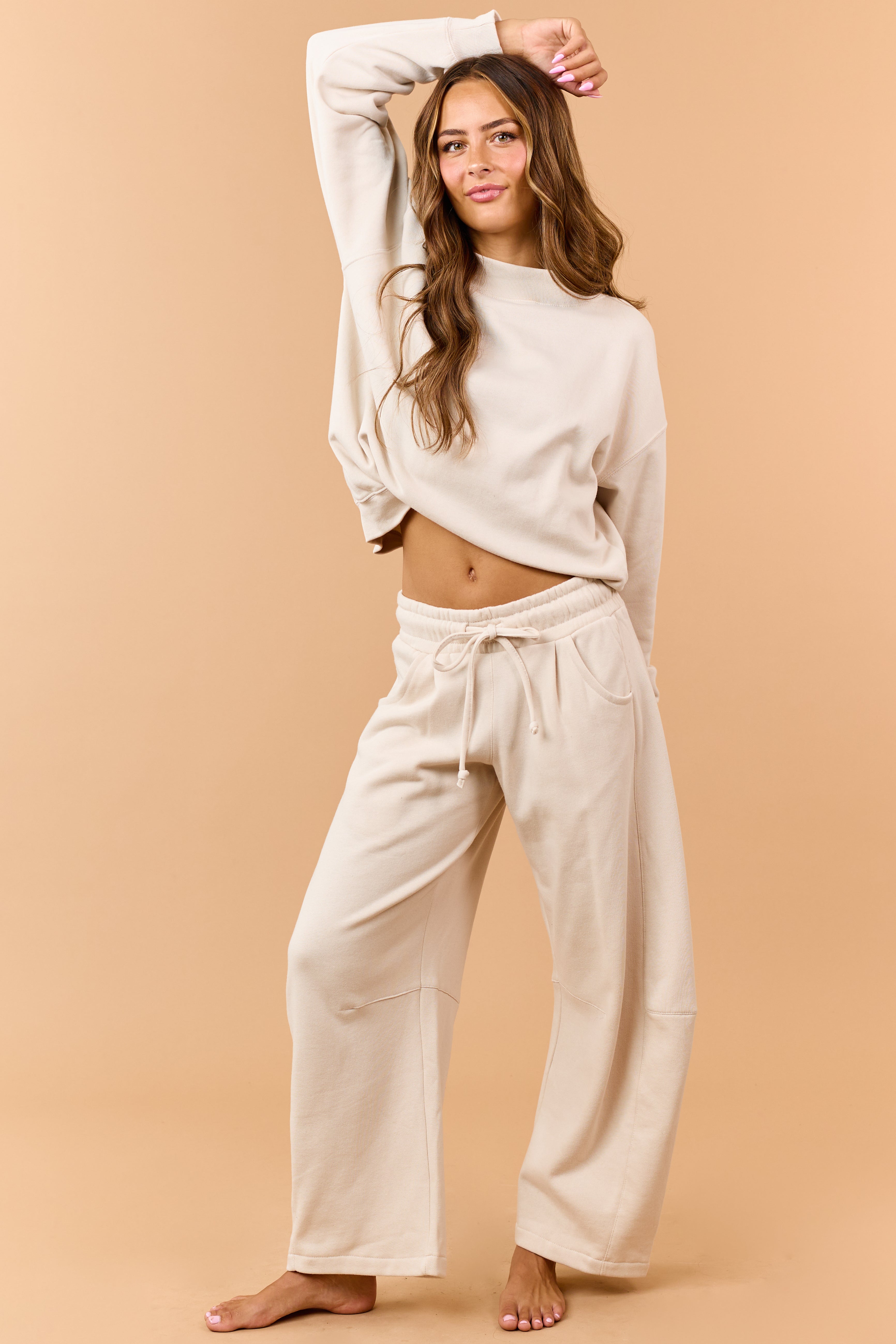 Beige Mock Neck Ribbed Trim Pullover Sweatshirt
