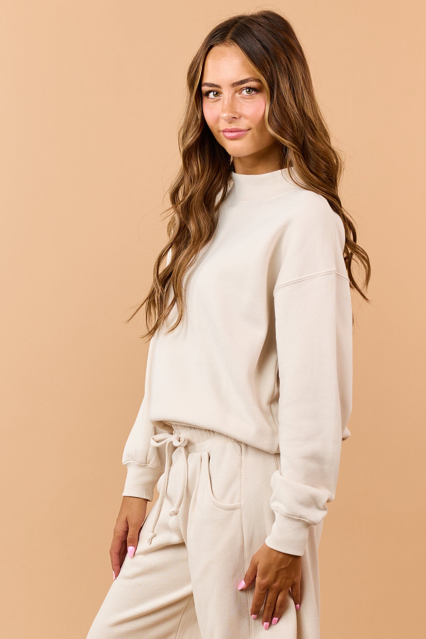Beige Mock Neck Ribbed Trim Pullover Sweatshirt