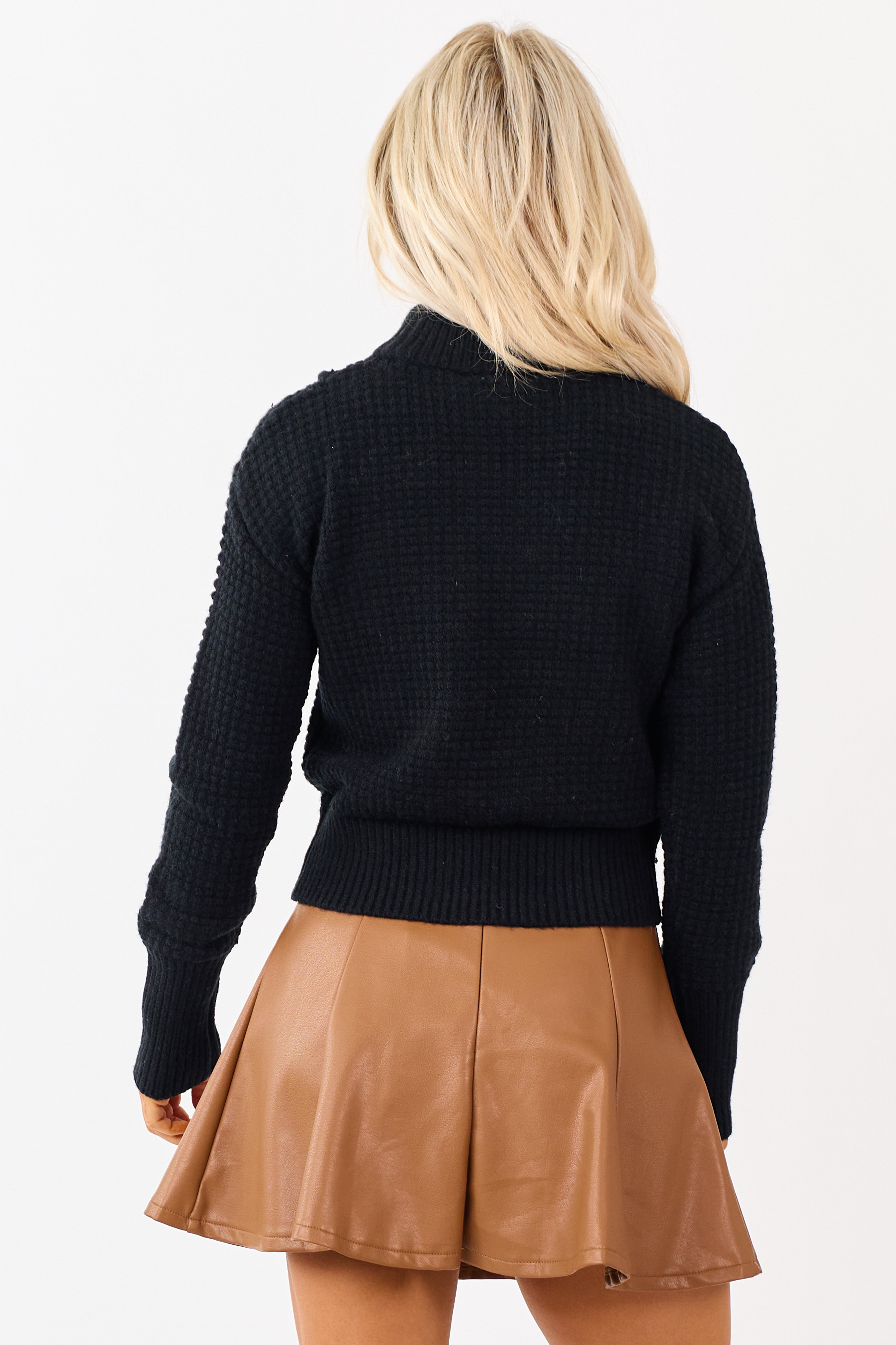 Black 3D Chain Detail Mock Neck Waffle Knit Sweater | Lime Lush
