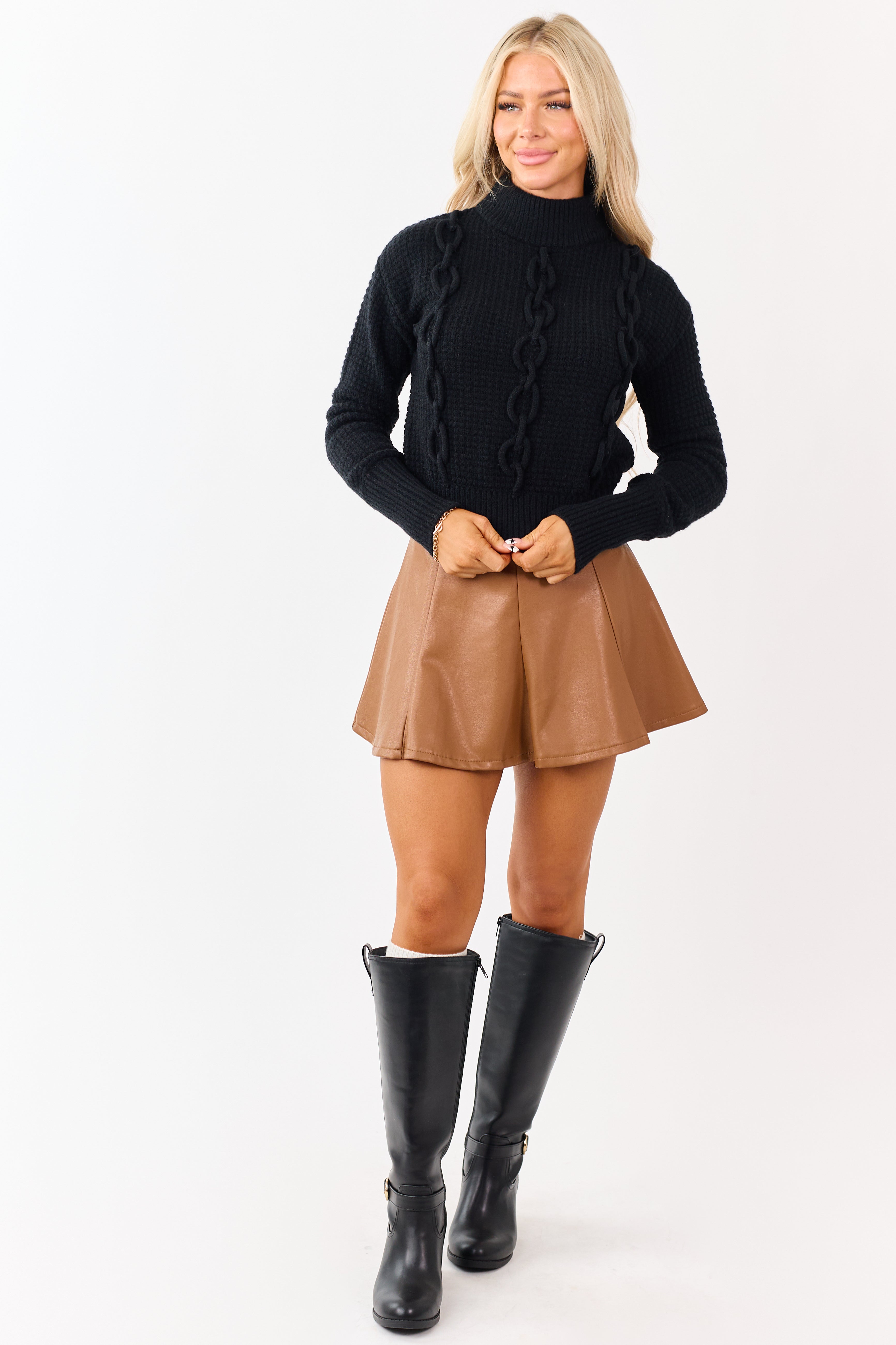 Black 3D Chain Detail Mock Neck Waffle Knit Sweater