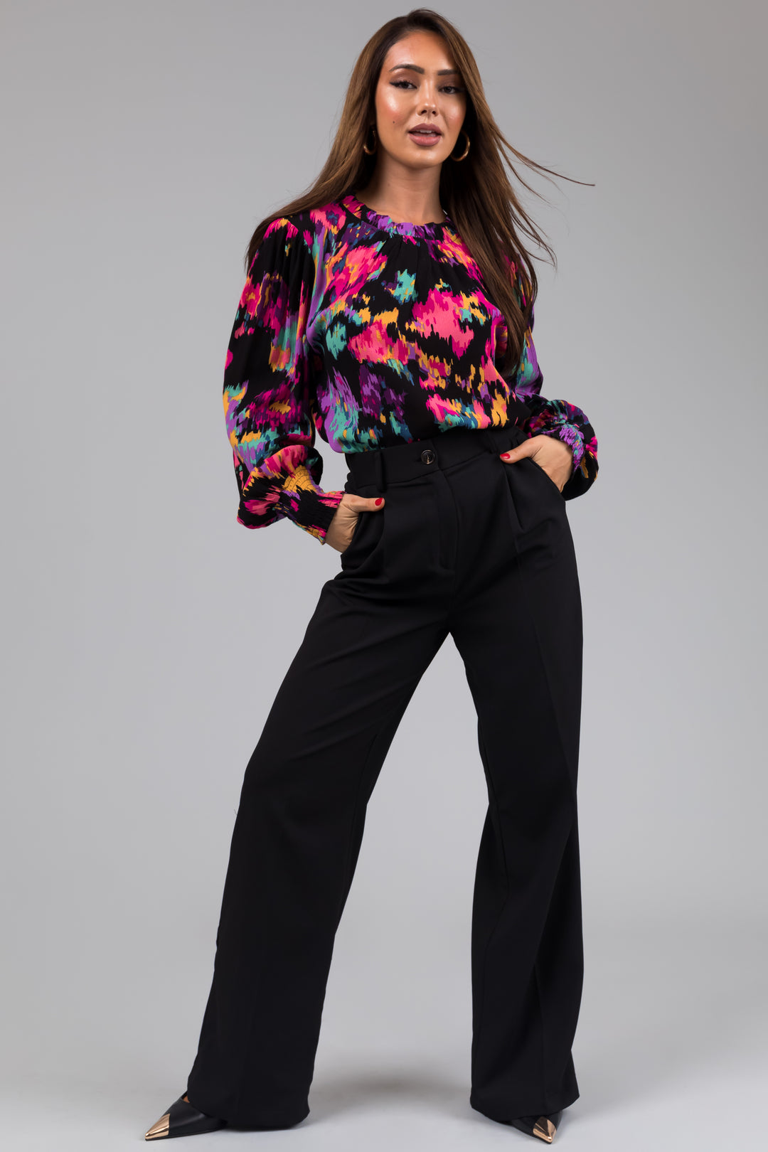 Black Abstract Floral Long Sleeve Blouse & Lime Lush