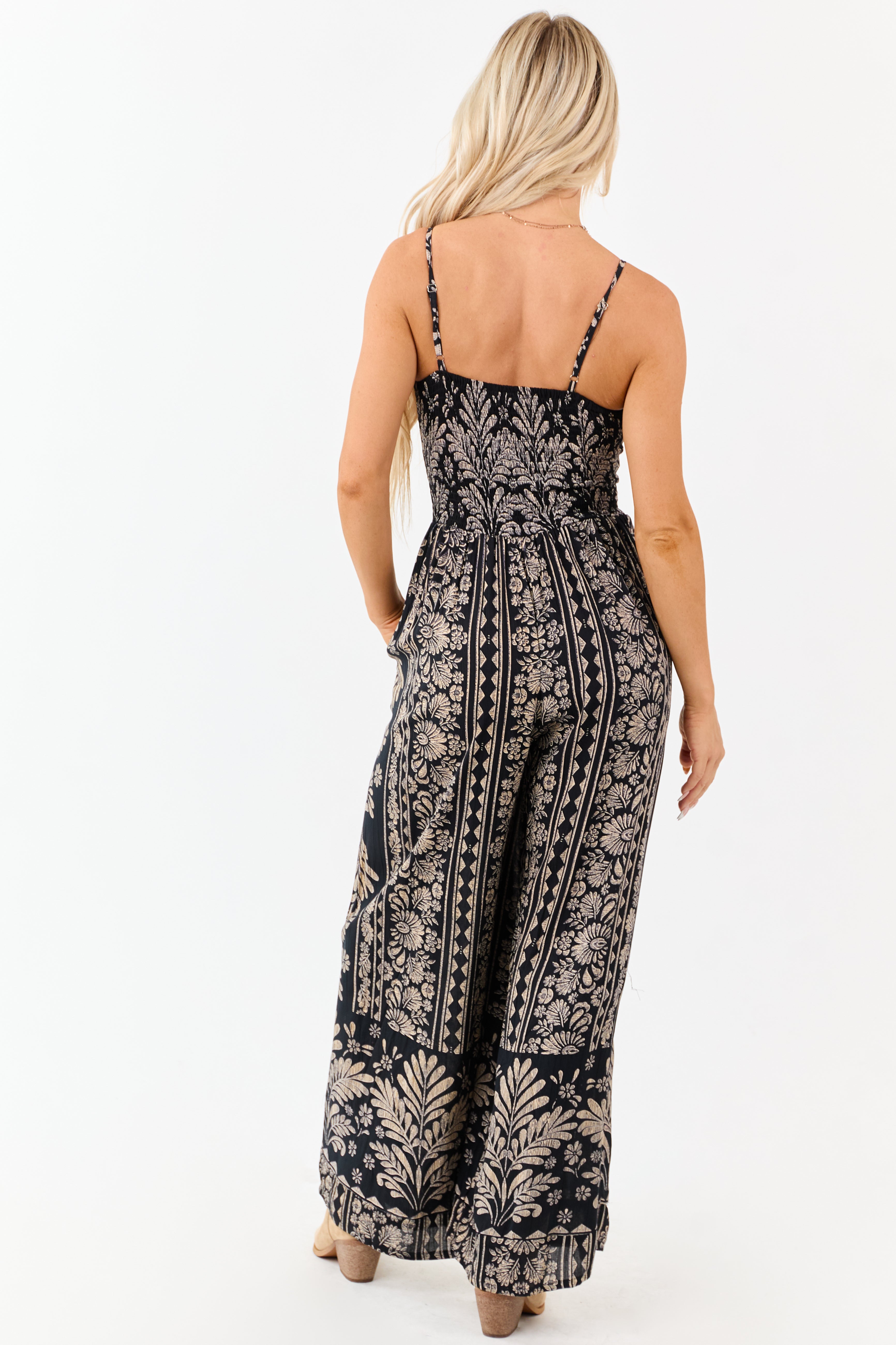 Black Abstract Floral Print Twist Front Jumpsuit