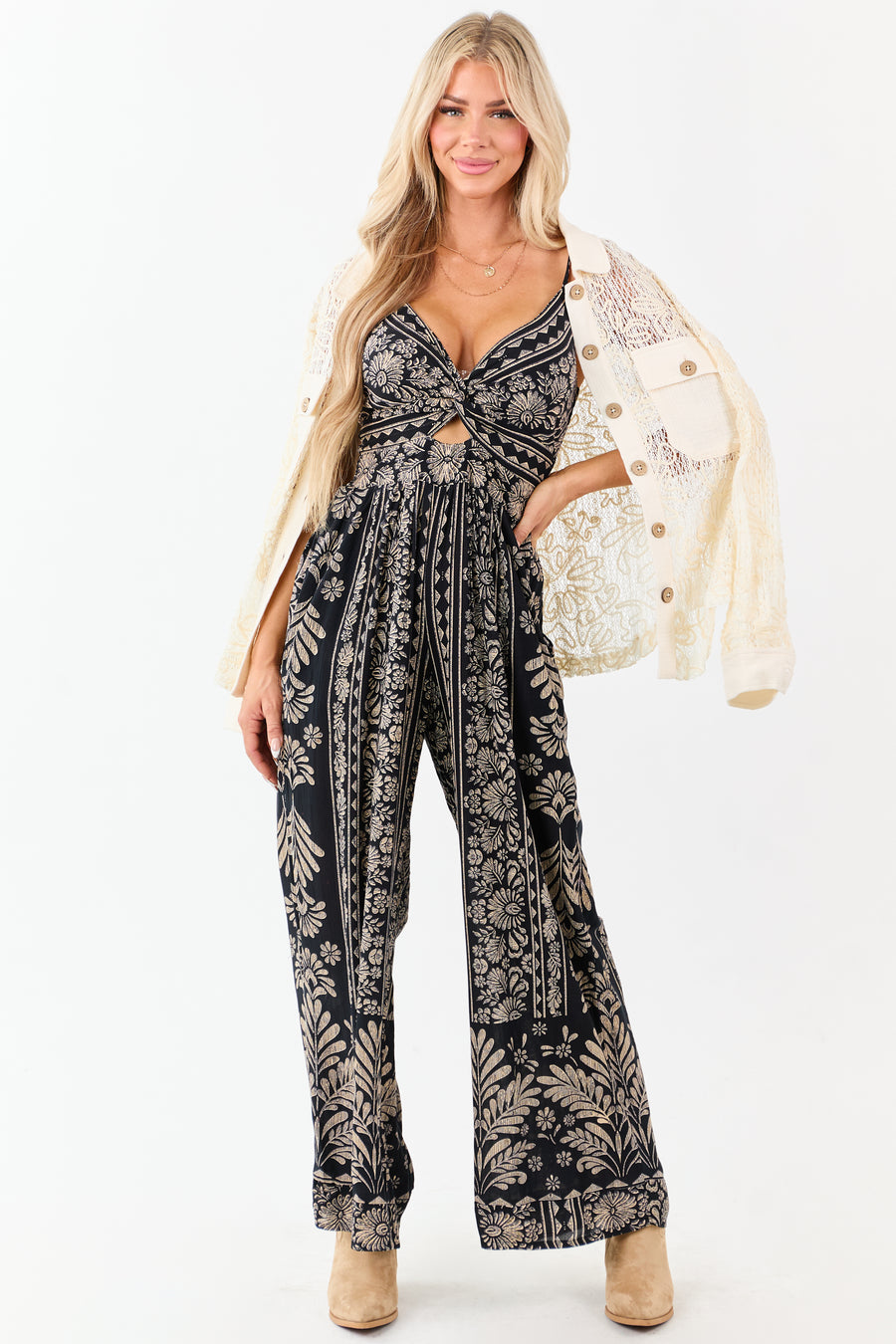 Black Abstract Floral Print Twist Front Jumpsuit