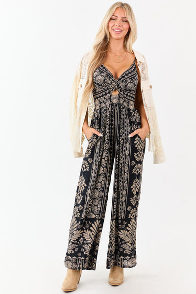 Black Abstract Floral Print Twist Front Jumpsuit