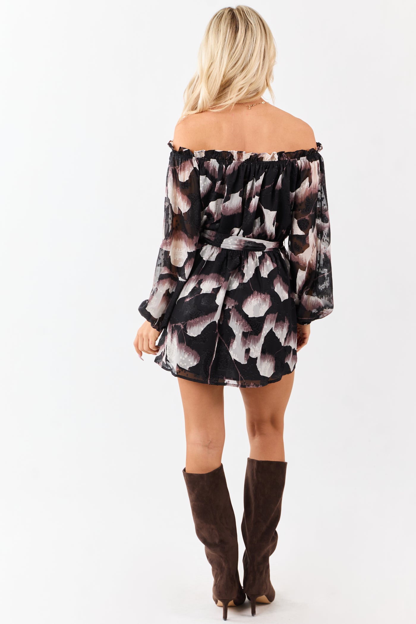 Black Abstract Print Off Shoulder Swiss Dot Mini Dress