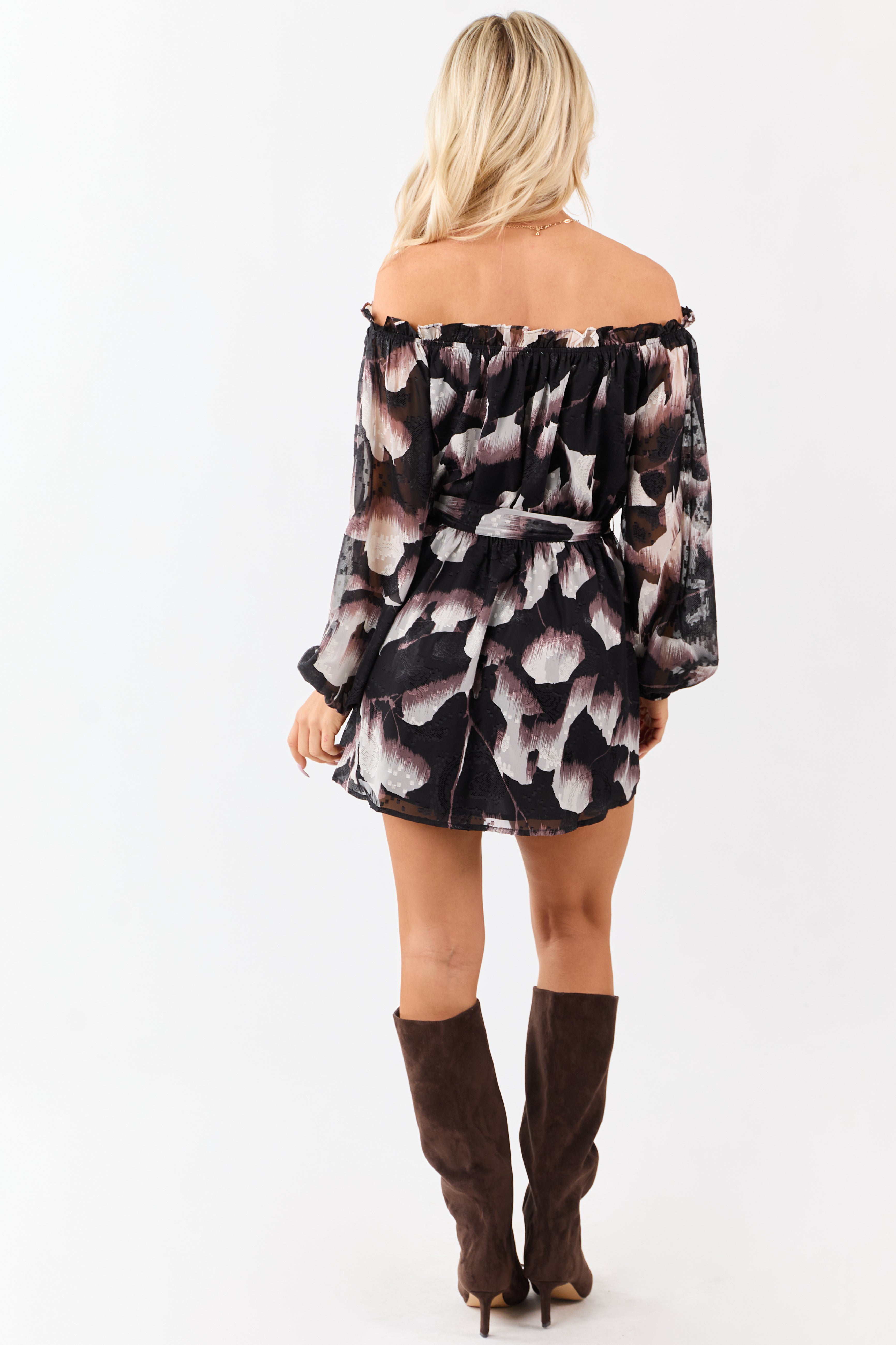 Black Abstract Print Off Shoulder Swiss Dot Mini Dress