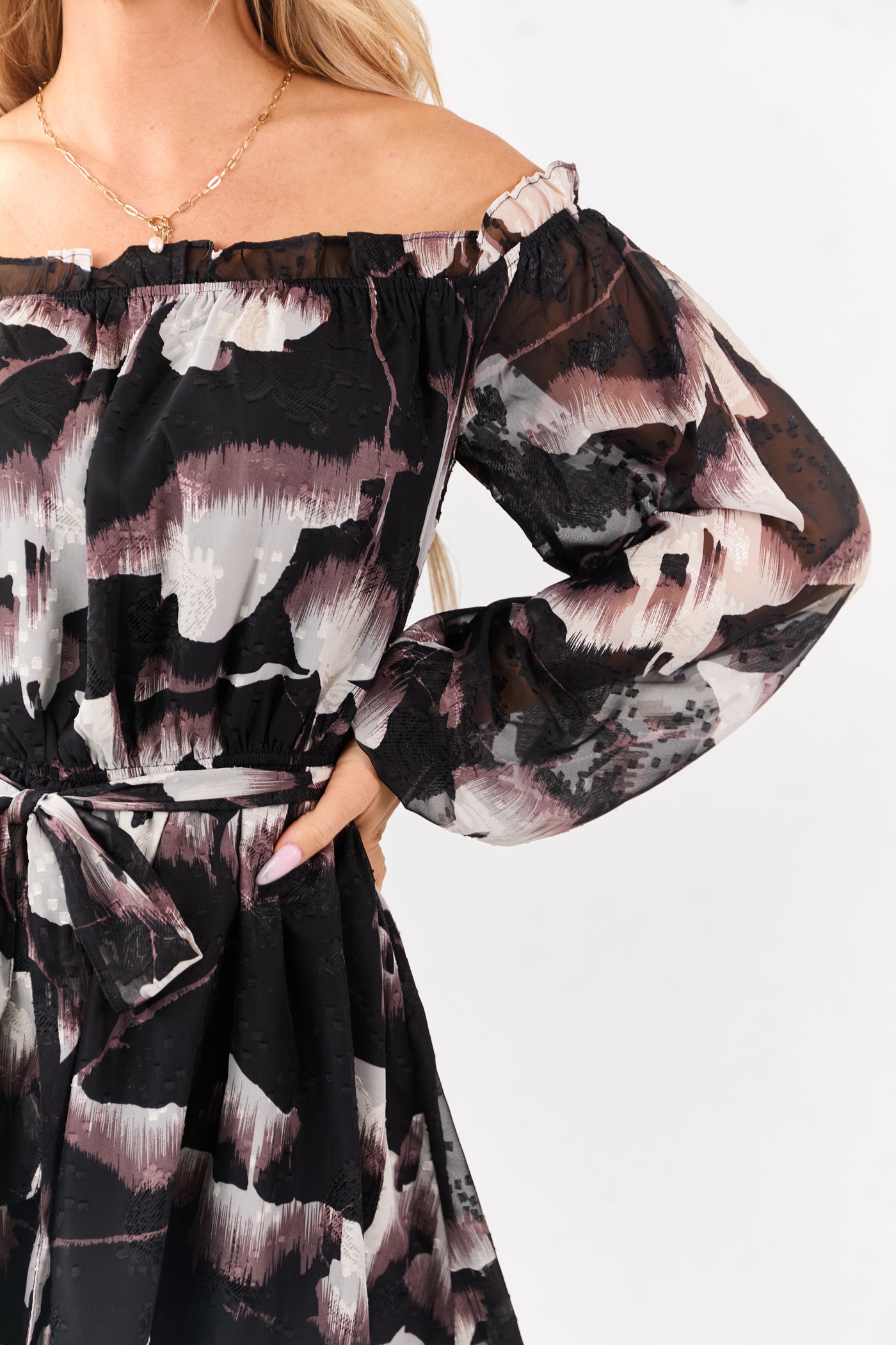 Black Abstract Print Off Shoulder Swiss Dot Mini Dress