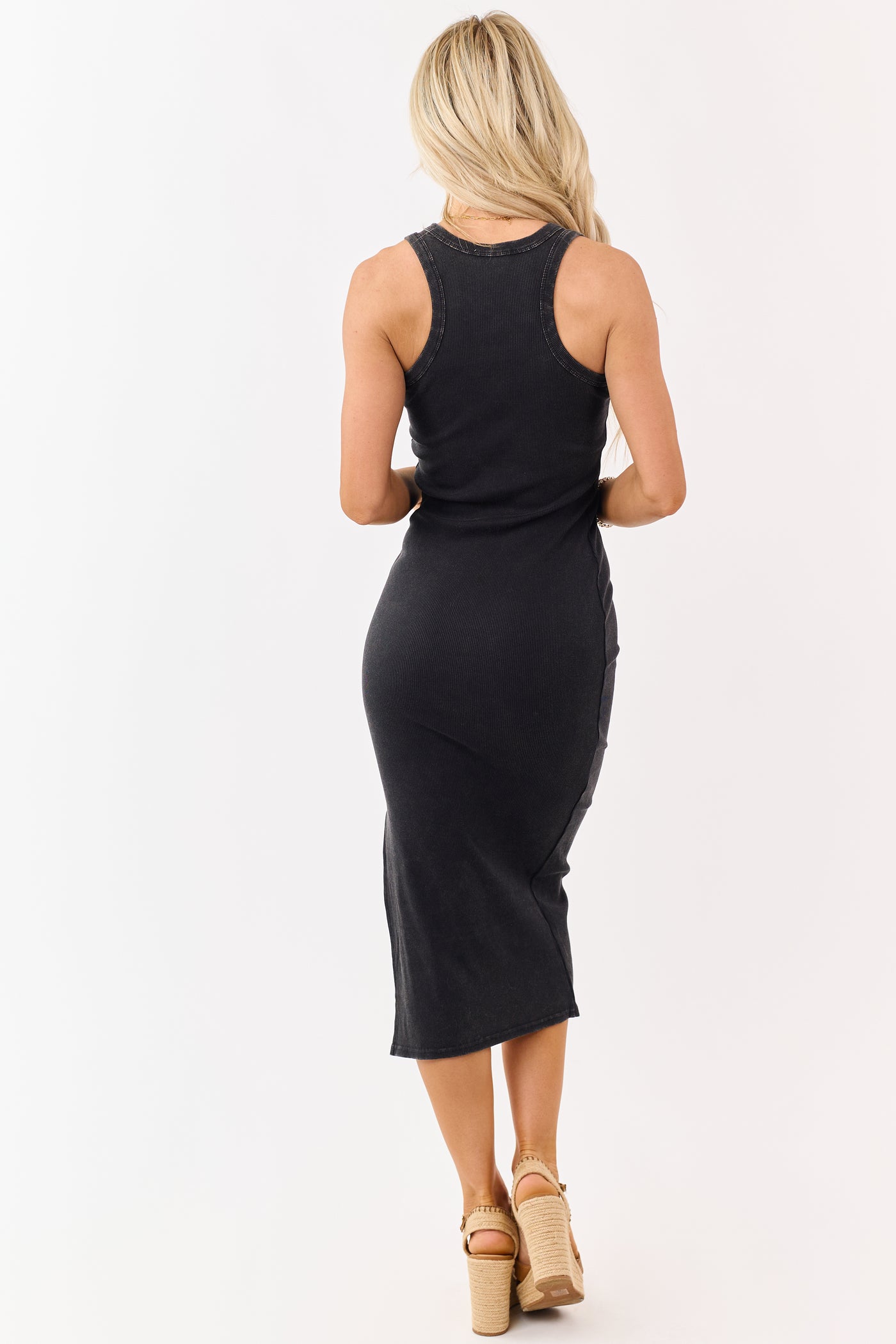 Black Acid Wash Side Slit Ribbed Midi Dress