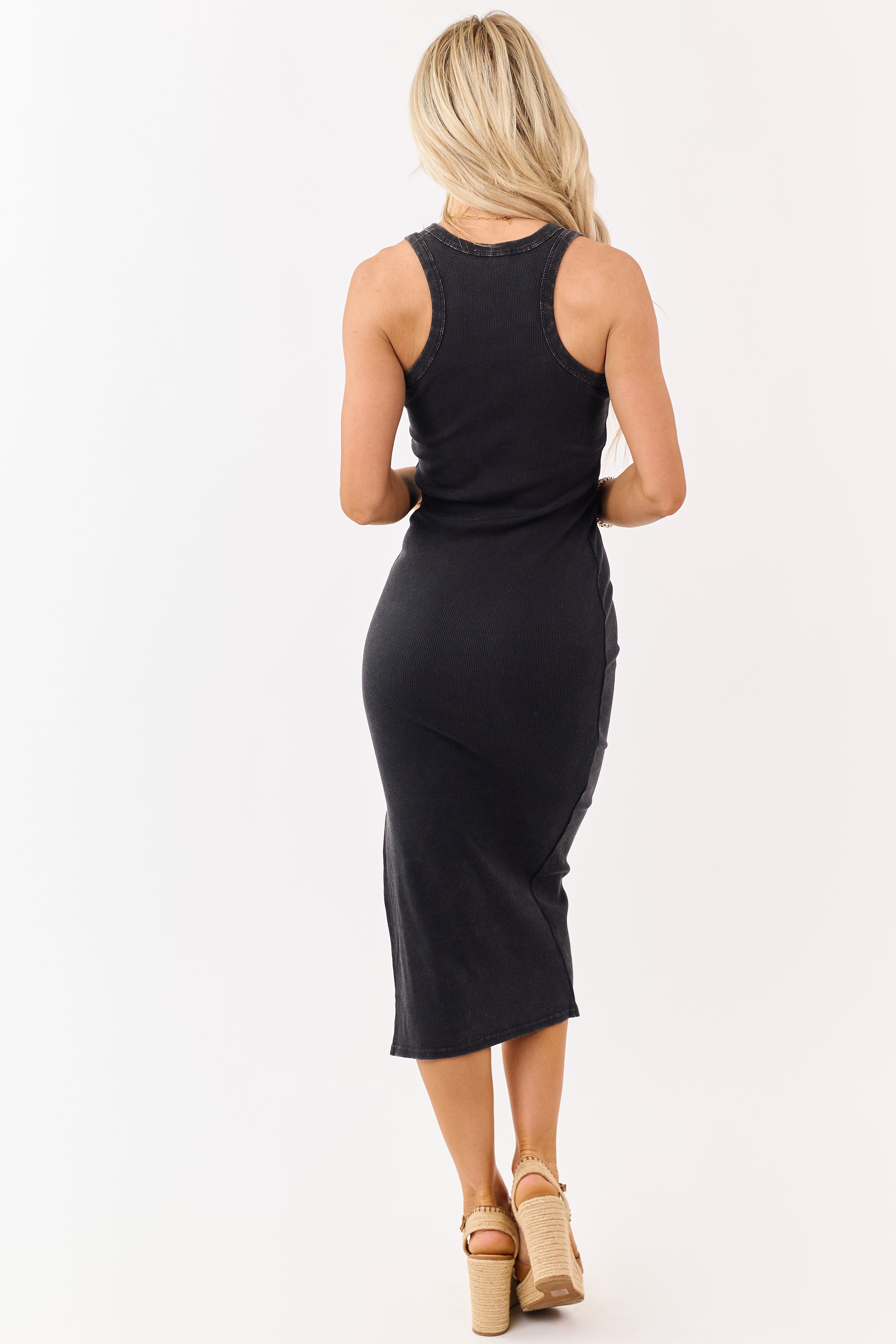 Black Acid Wash Side Slit Ribbed Midi Dress
