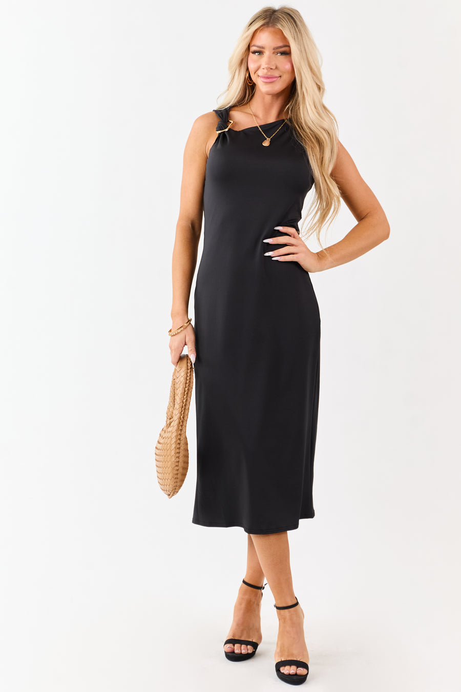 Black Asymmetrical Gold Ring Neck Midi Dress