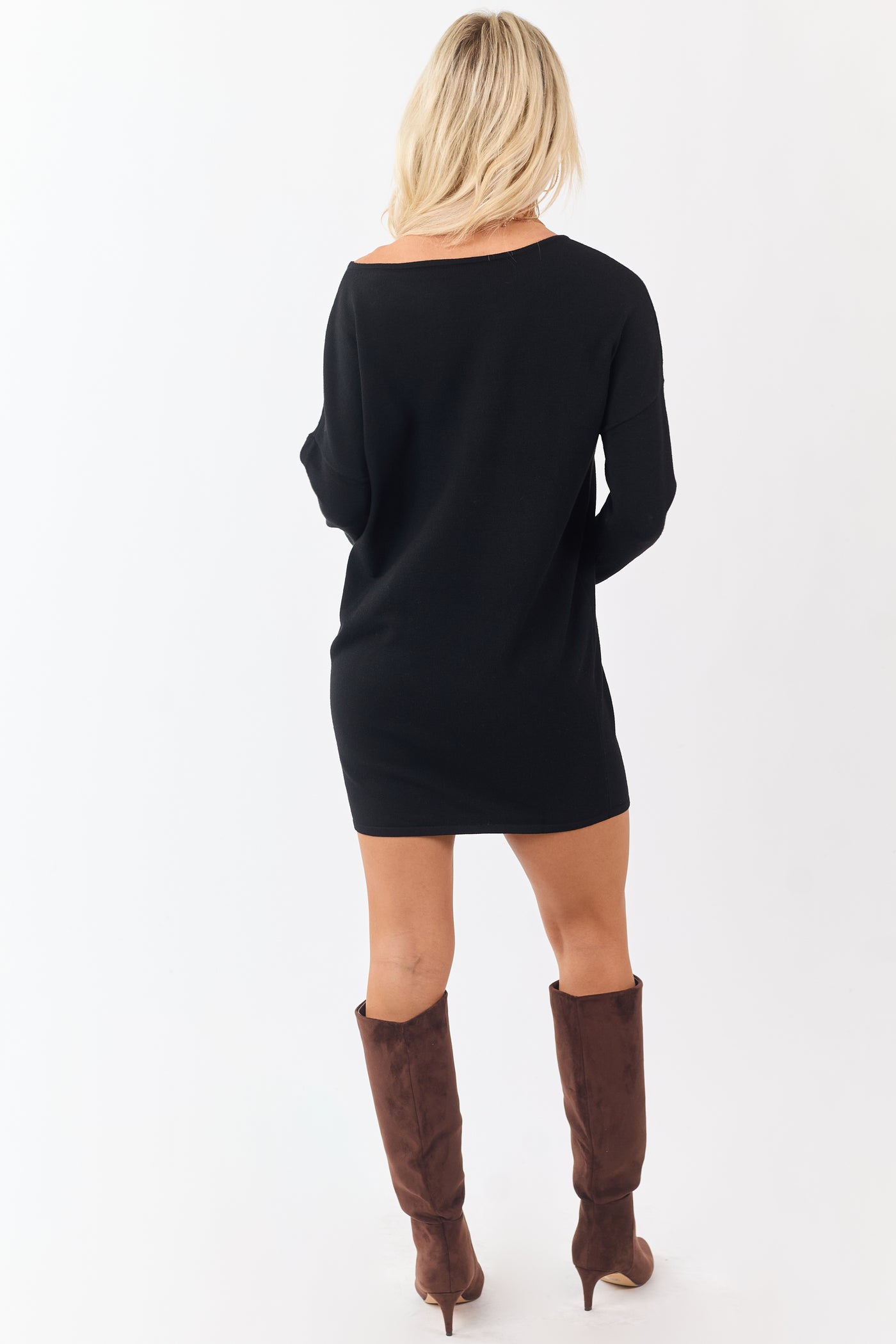 Black Asymmetrical Neckline Mini Sweater Dress