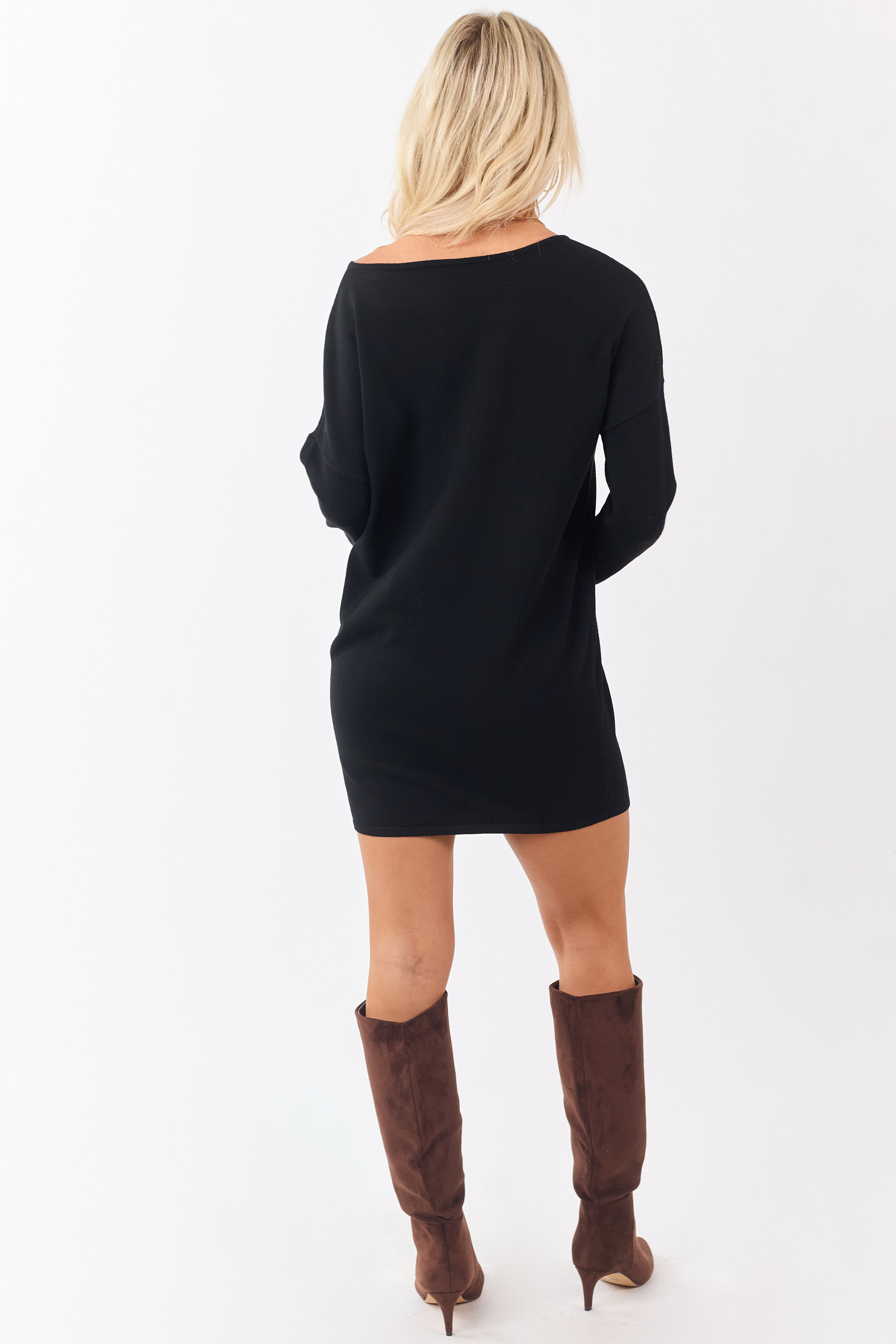 Black Asymmetrical Neckline Mini Sweater Dress