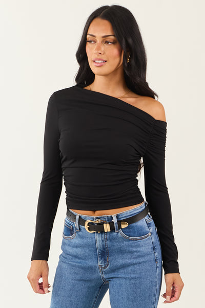 Black Asymmetrical One Shoulder Ruched Top