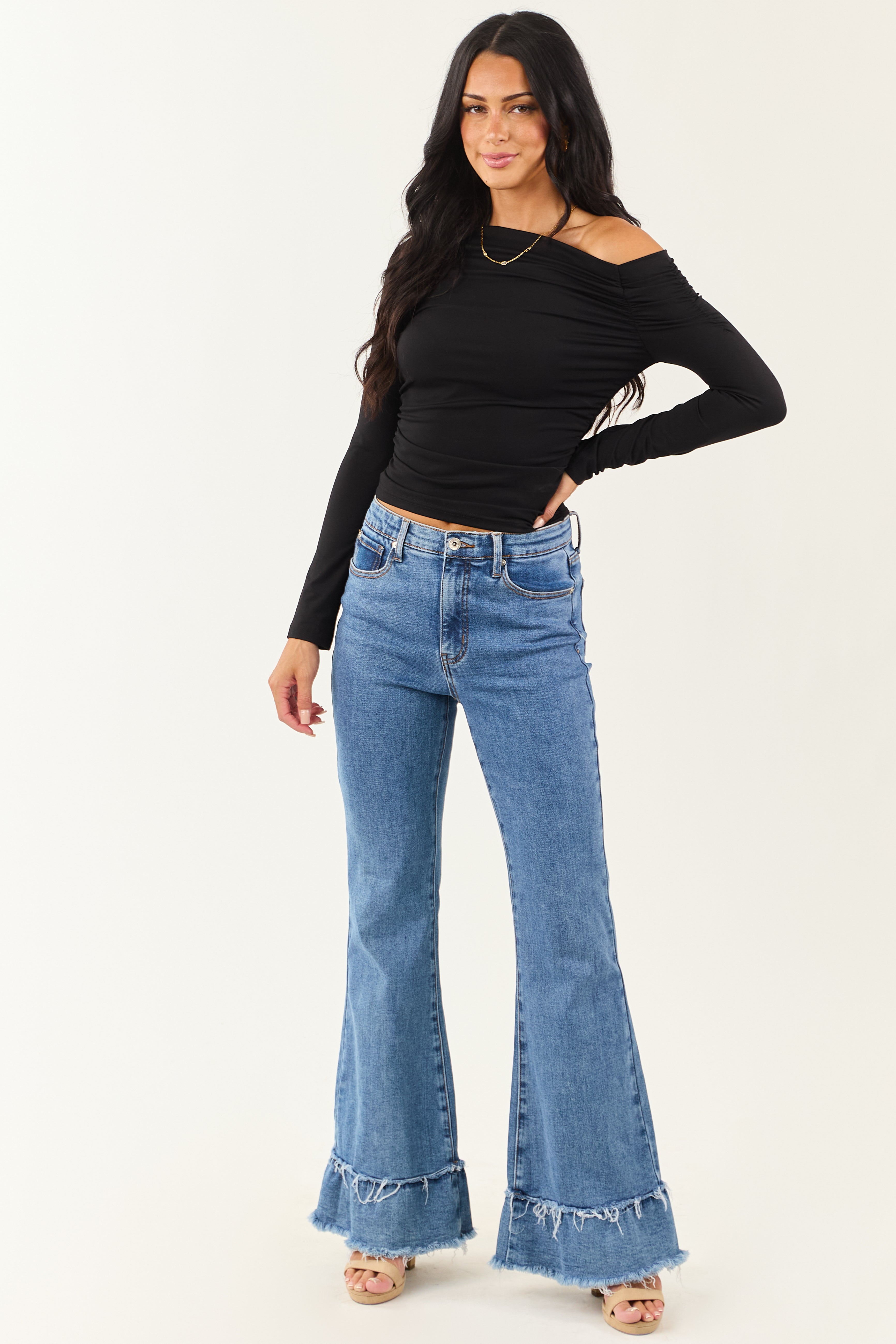 Black Asymmetrical One Shoulder Ruched Top