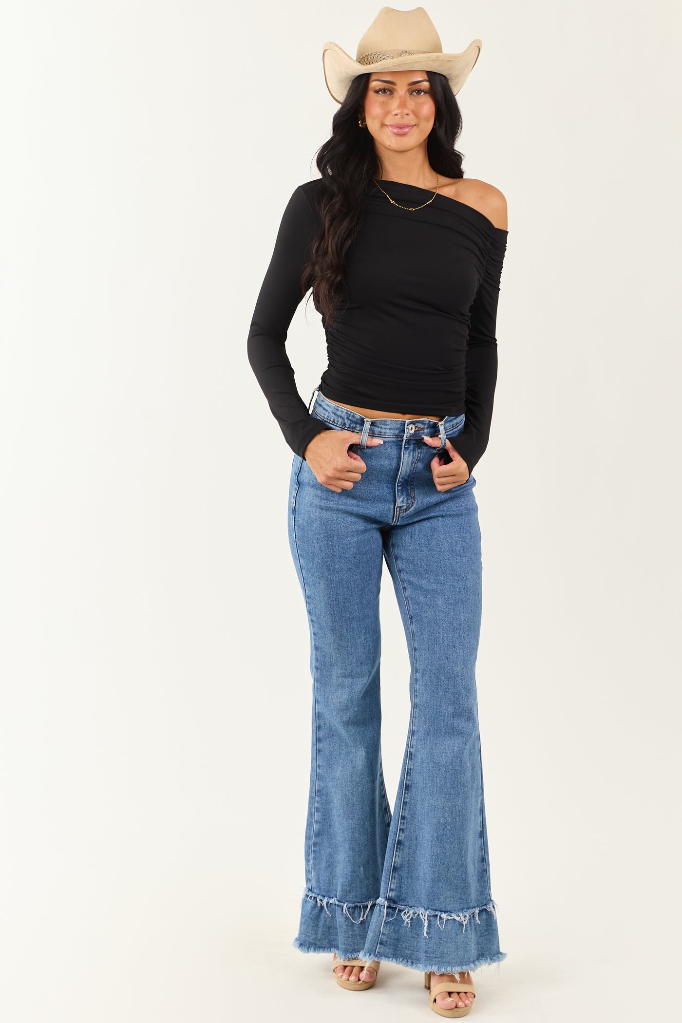 Black Asymmetrical One Shoulder Ruched Top