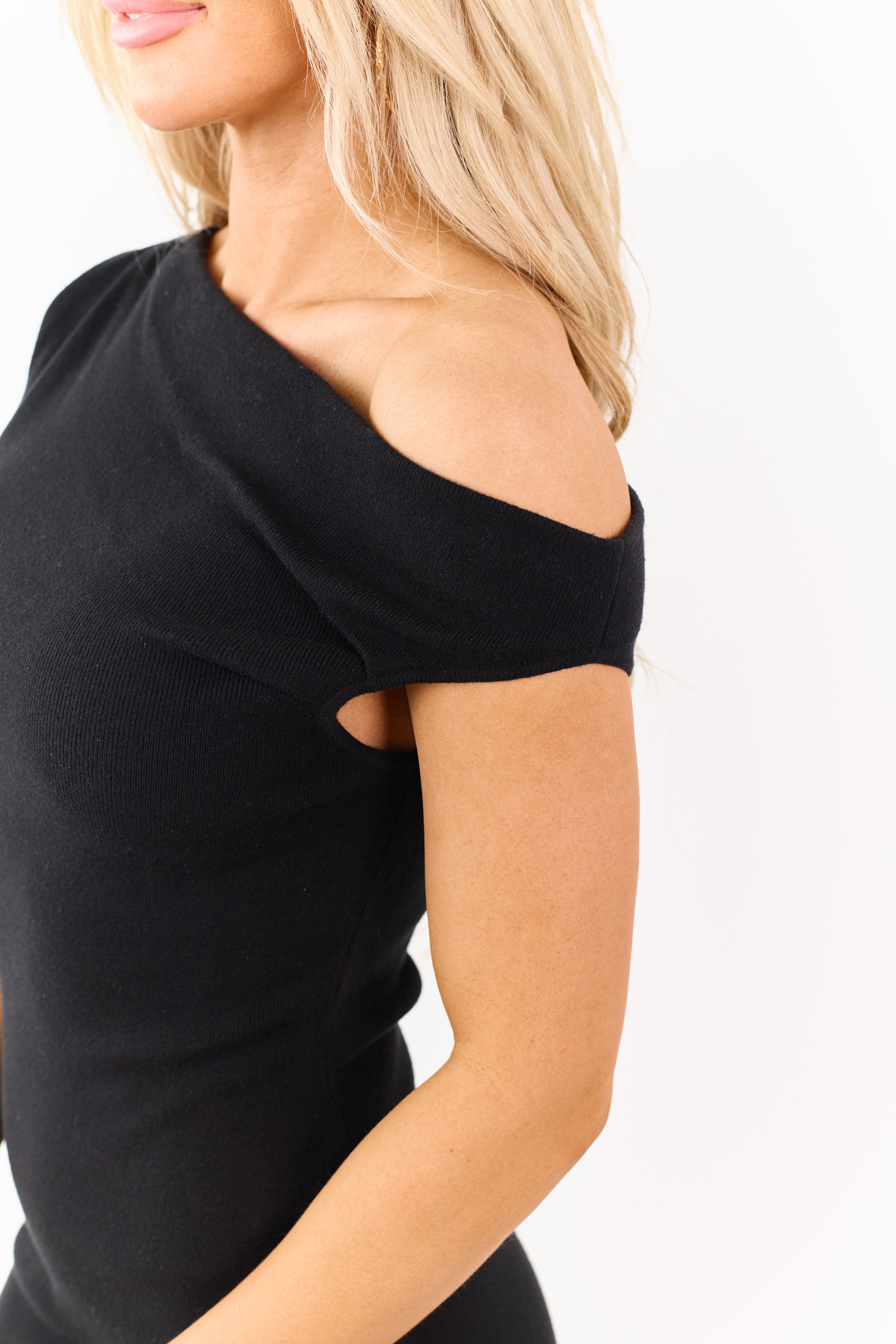 Black Asymmetrical One Shoulder Sweater Mini Dress