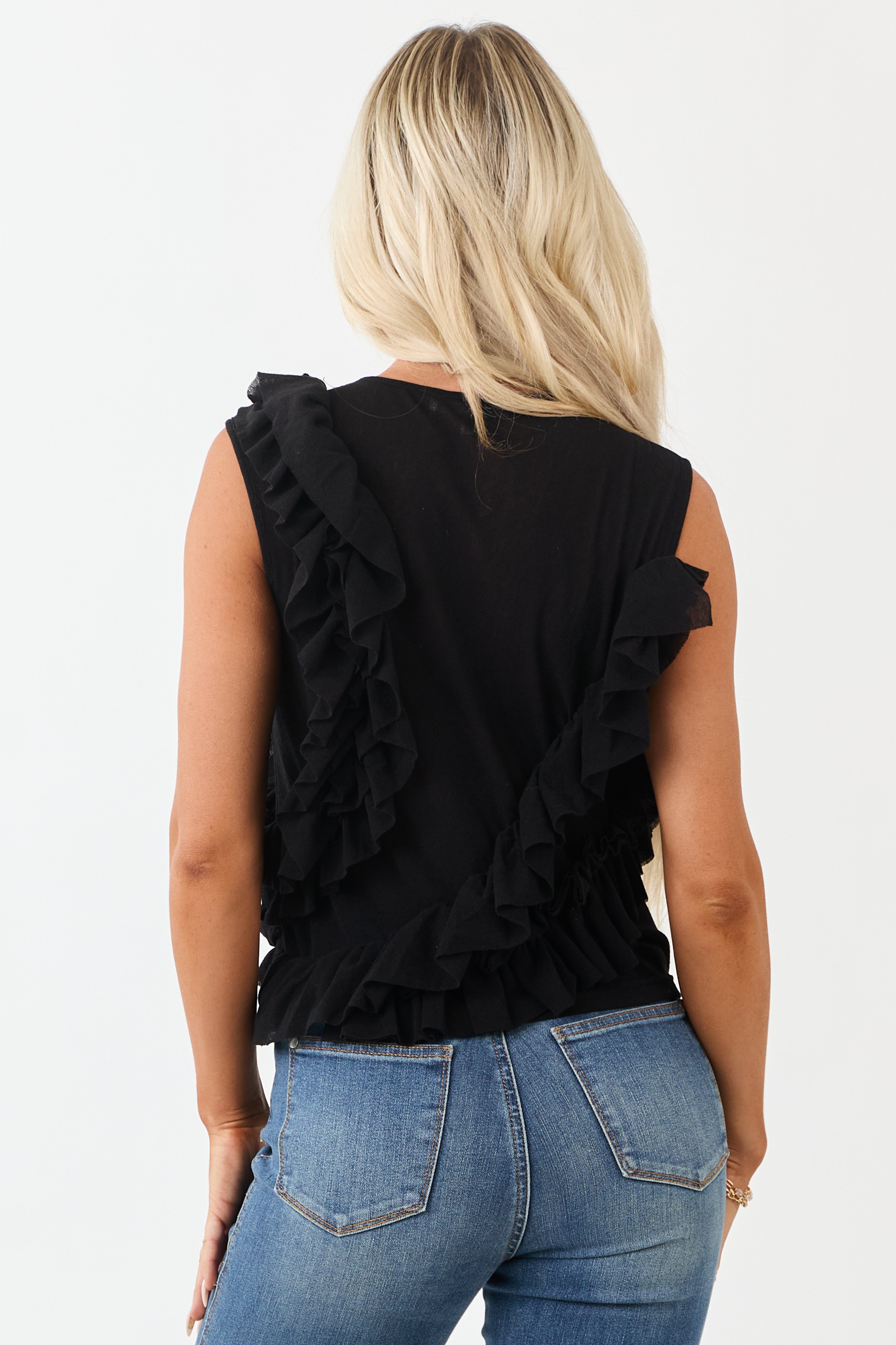 Black Asymmetrical Ruffled Tank Top
