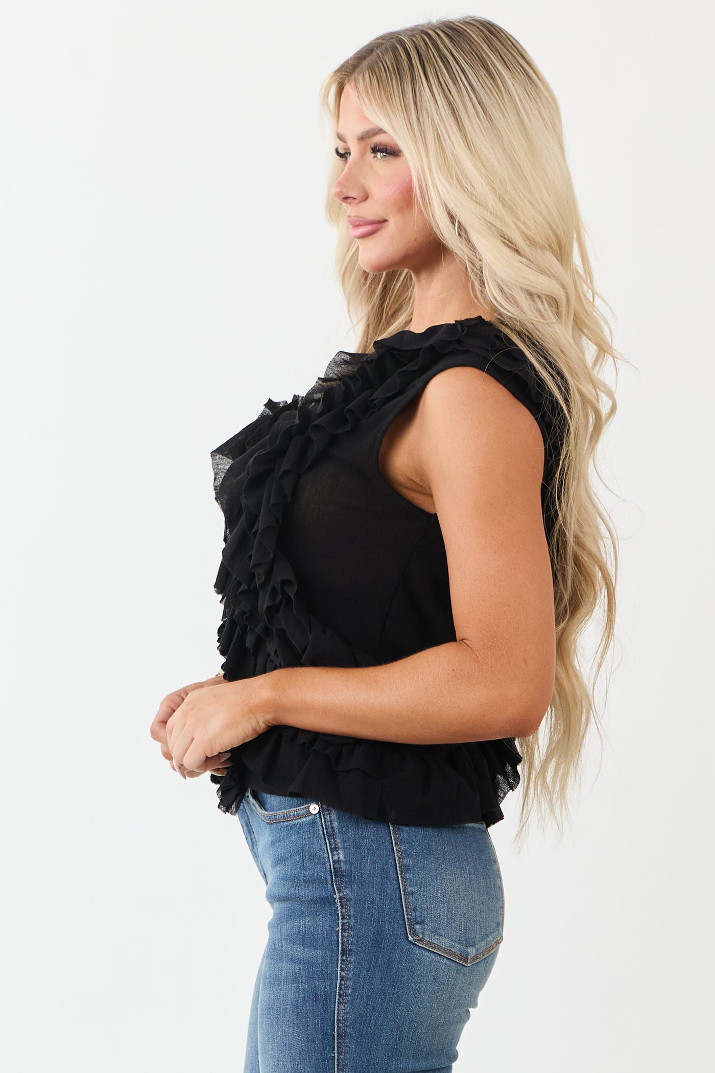 Black Asymmetrical Ruffled Tank Top