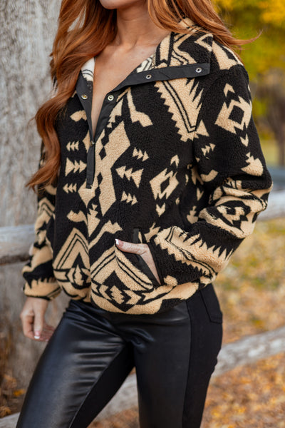 Black Aztec Print Fleece Pullover Sweatshirt