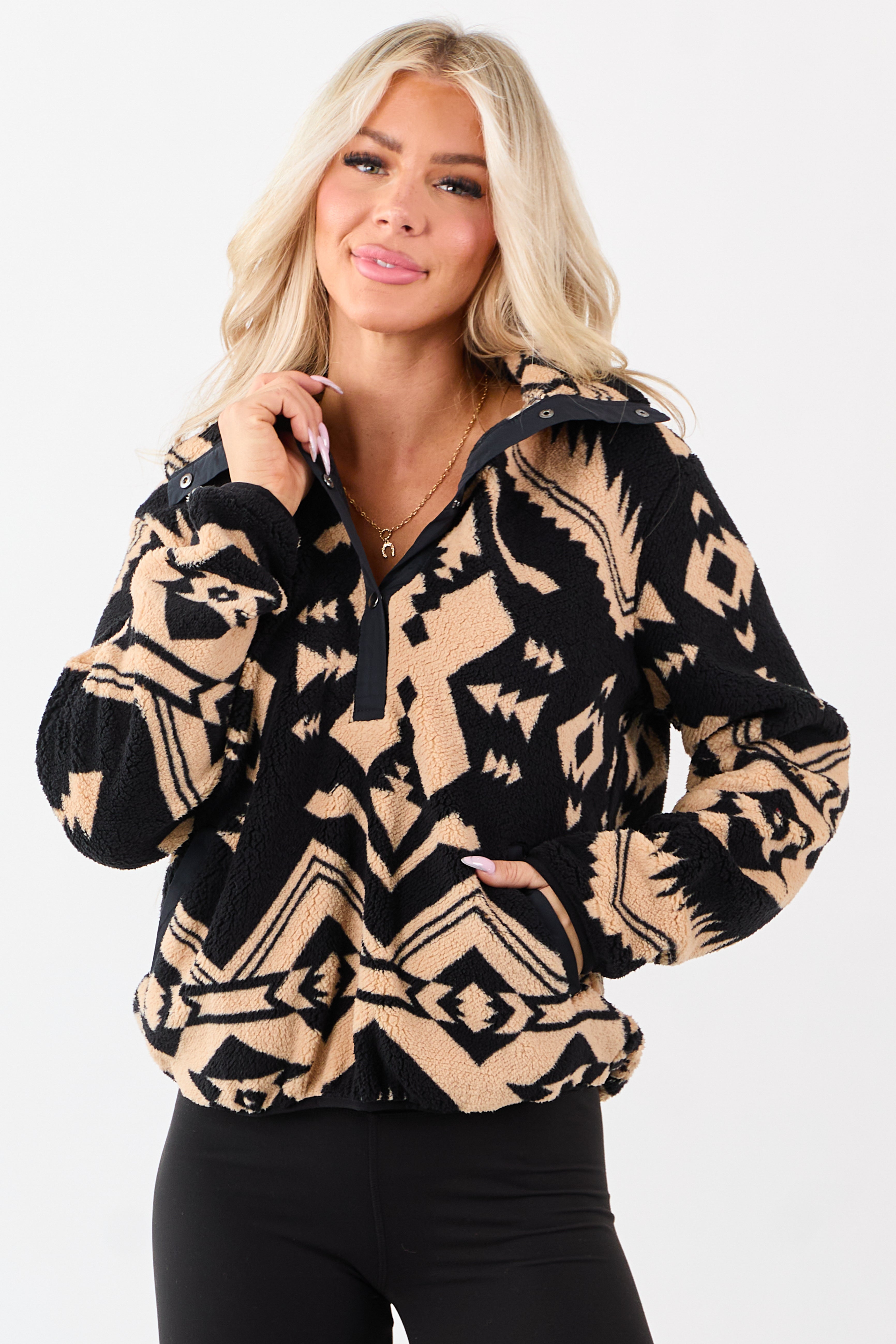 Black Aztec Print Fleece Pullover Sweatshirt | Lime Lush Boutique