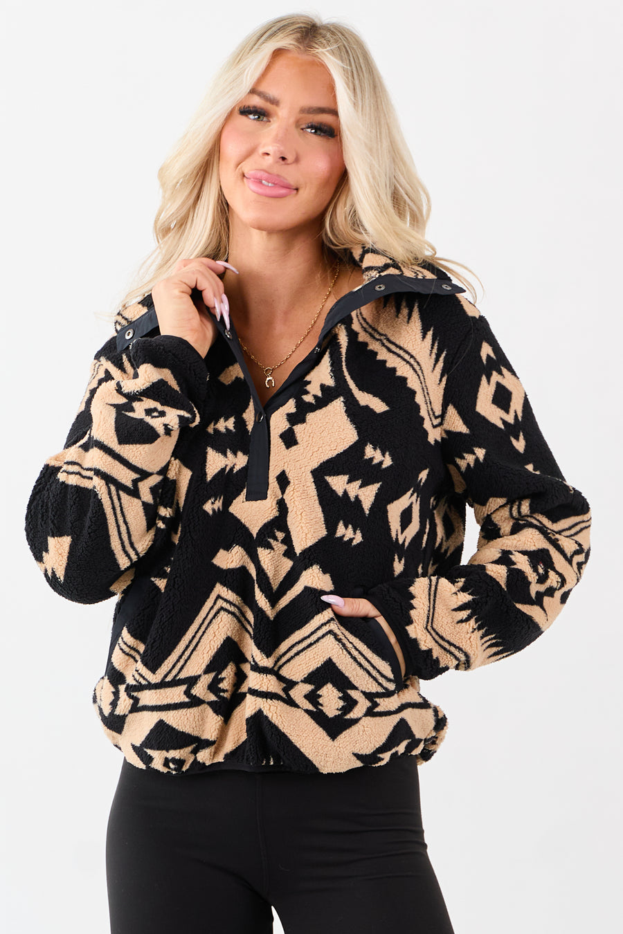 Black Aztec Print Fleece Pullover Sweatshirt
