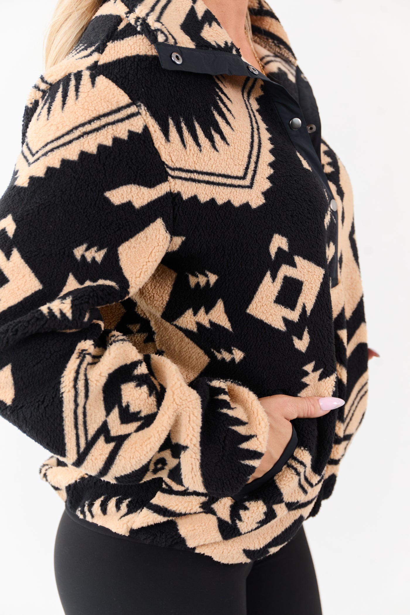 Black Aztec Print Fleece Pullover Sweatshirt