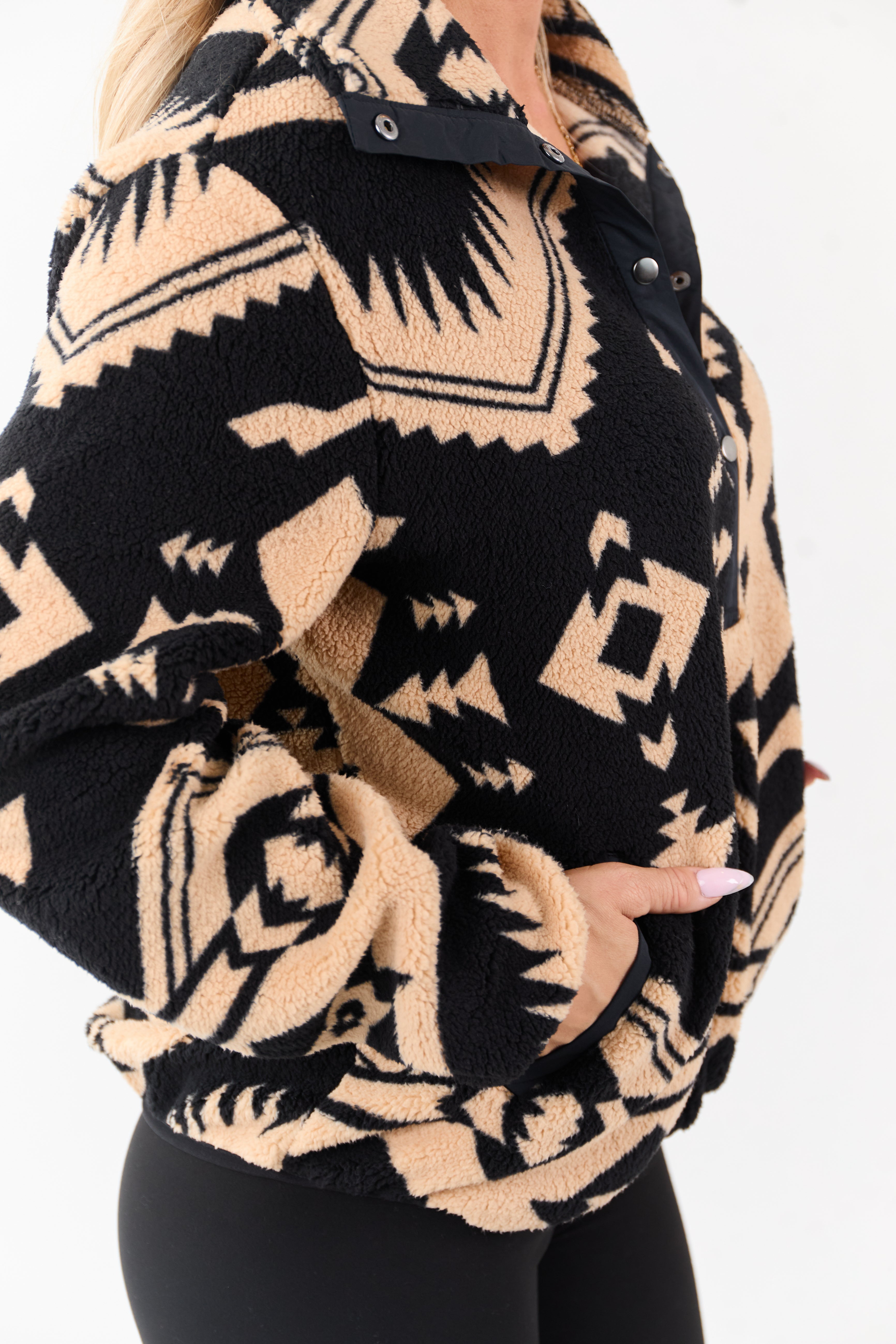 Black Aztec Print Fleece Pullover Sweatshirt