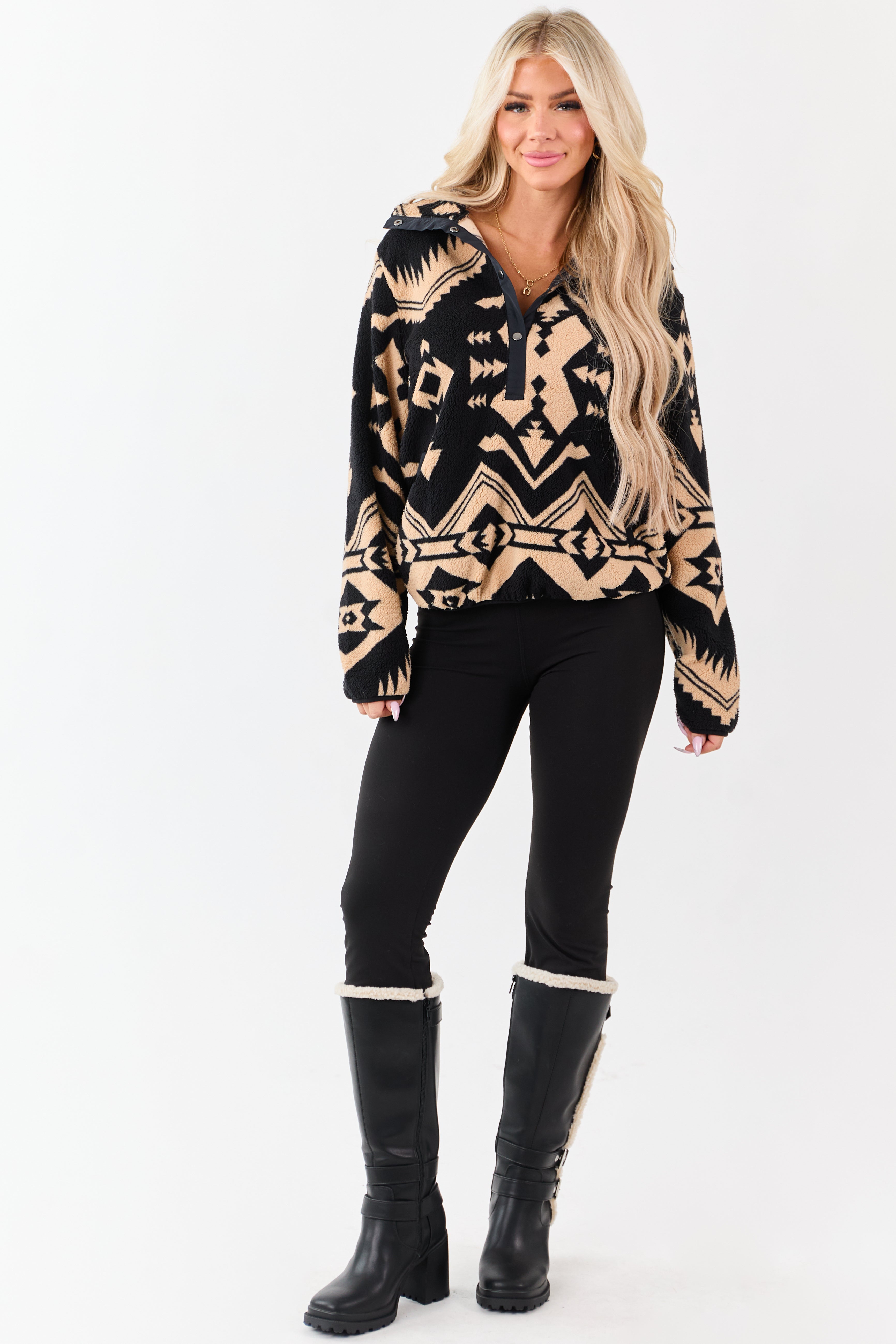 Black Aztec Print Fleece Pullover Sweatshirt