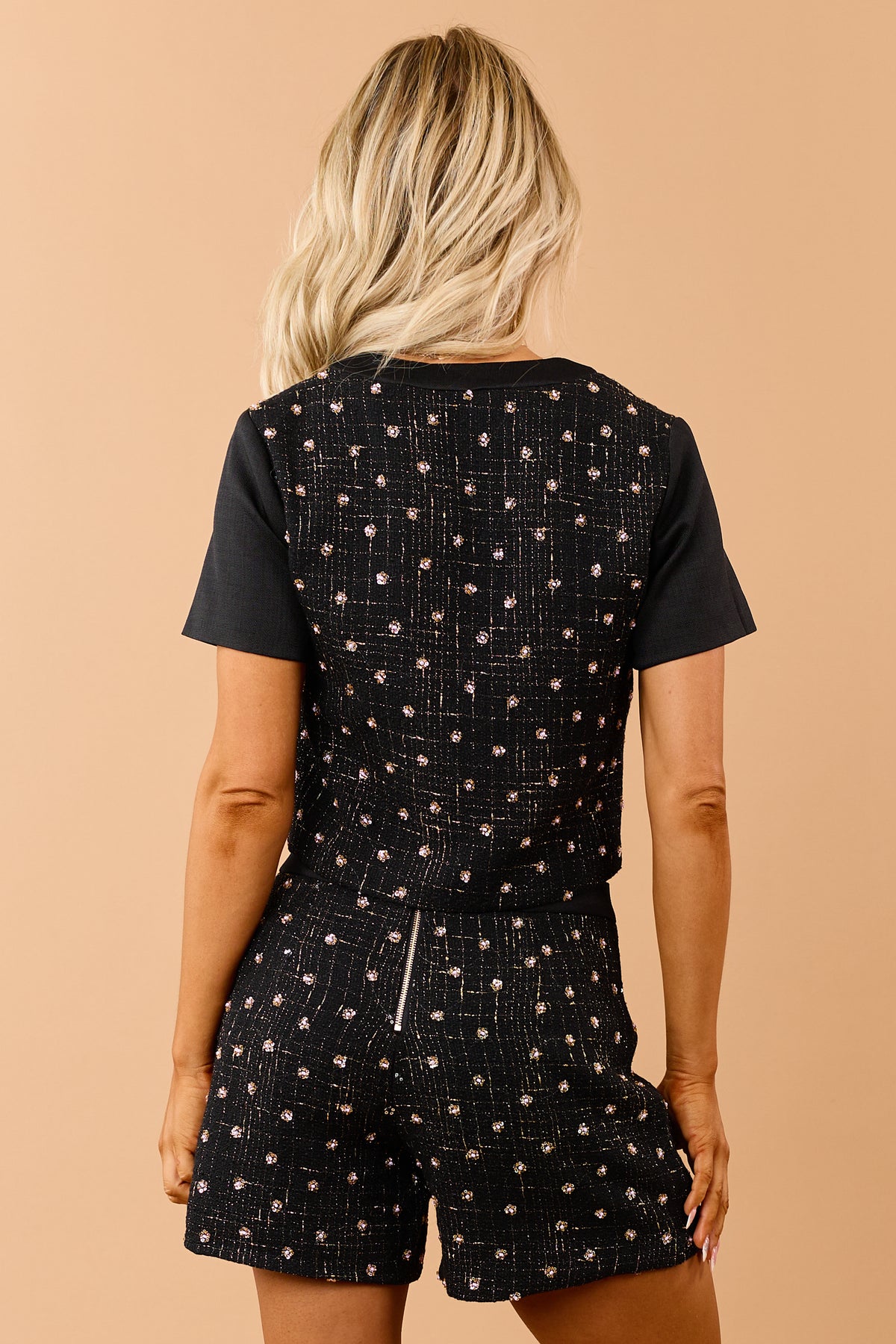 Black Beaded Button Up Short Sleeve Tweed Top