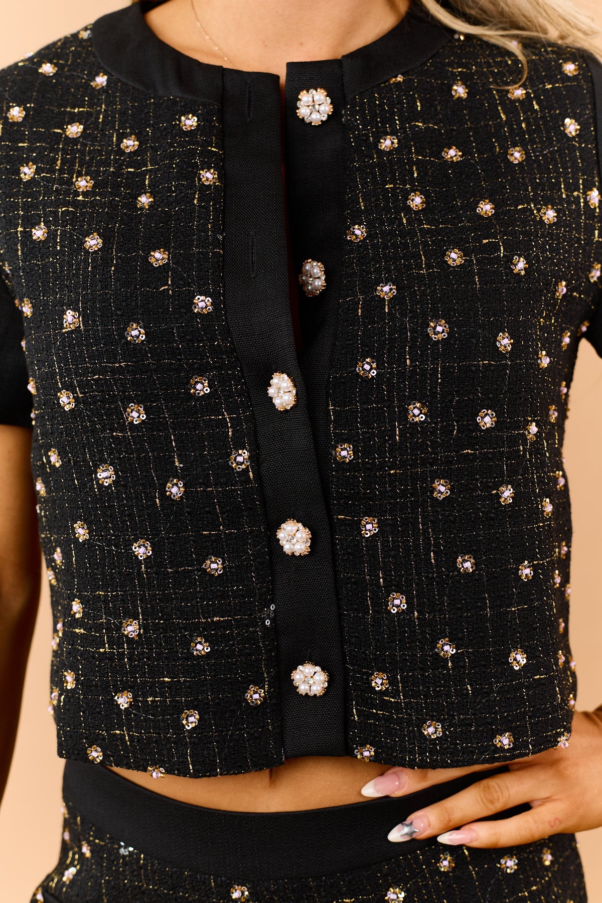 Black Beaded Button Up Short Sleeve Tweed Top