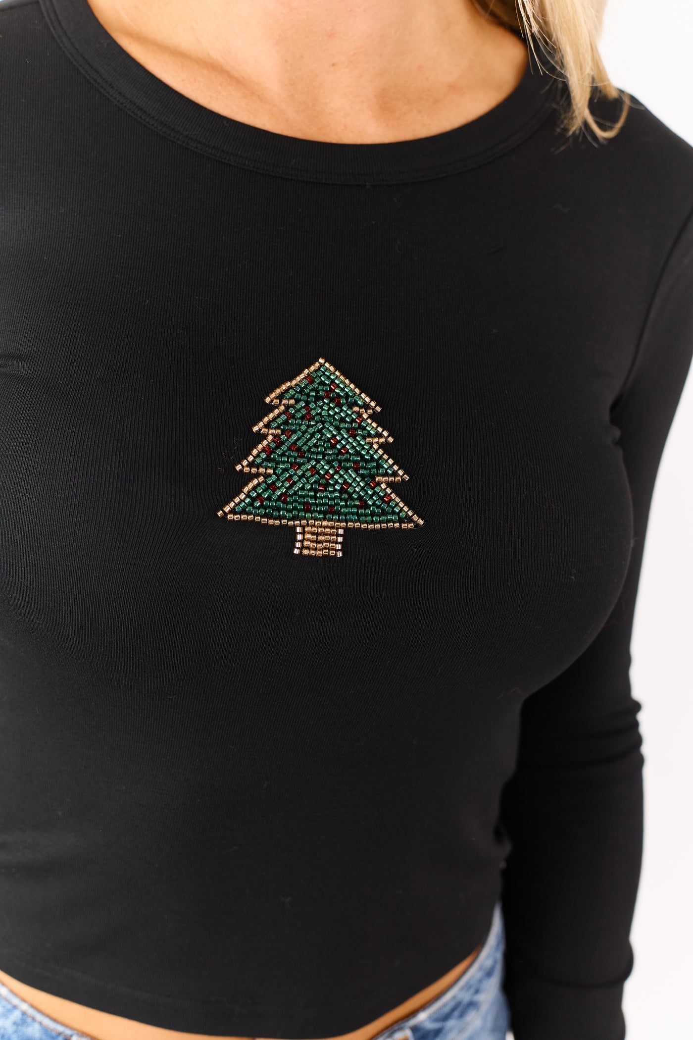 Black Beaded Christmas Tree Long Sleeve Top