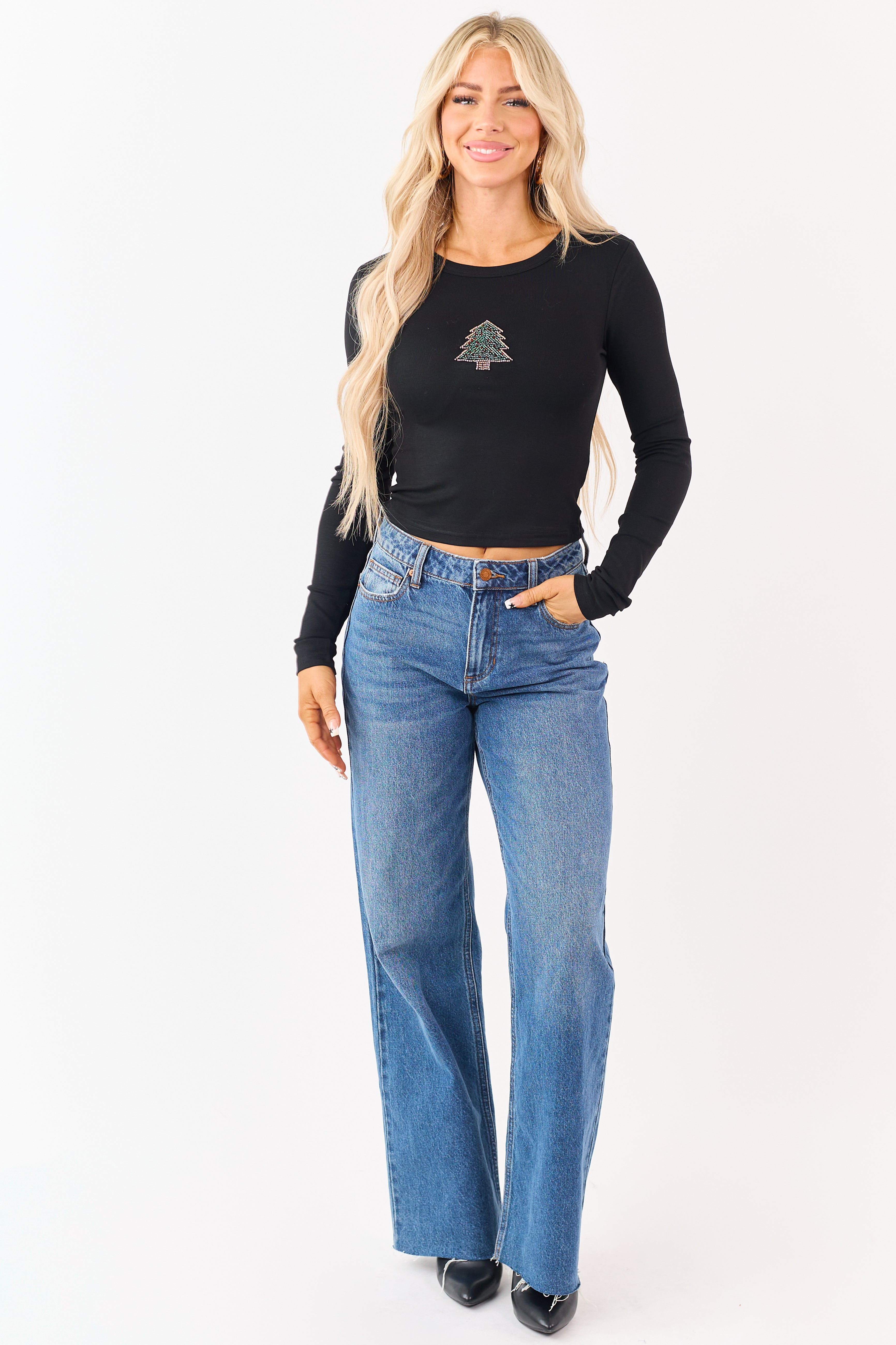 Black Beaded Christmas Tree Long Sleeve Top