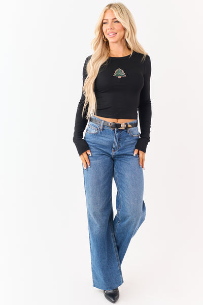 Black Beaded Christmas Tree Long Sleeve Top