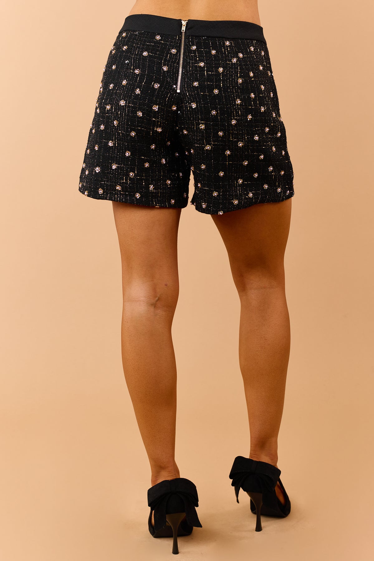 Black Beaded High Rise Tweed Shorts