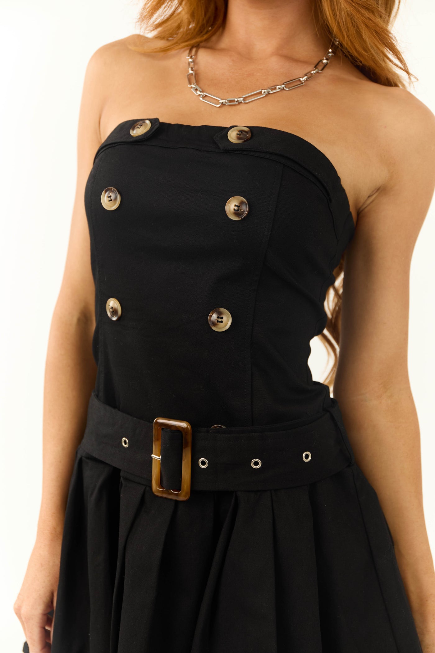 Black Belt Detail Pleated Skirt Mini Dress - S Black Belt Detail Pleated Skirt Mini Dress - S