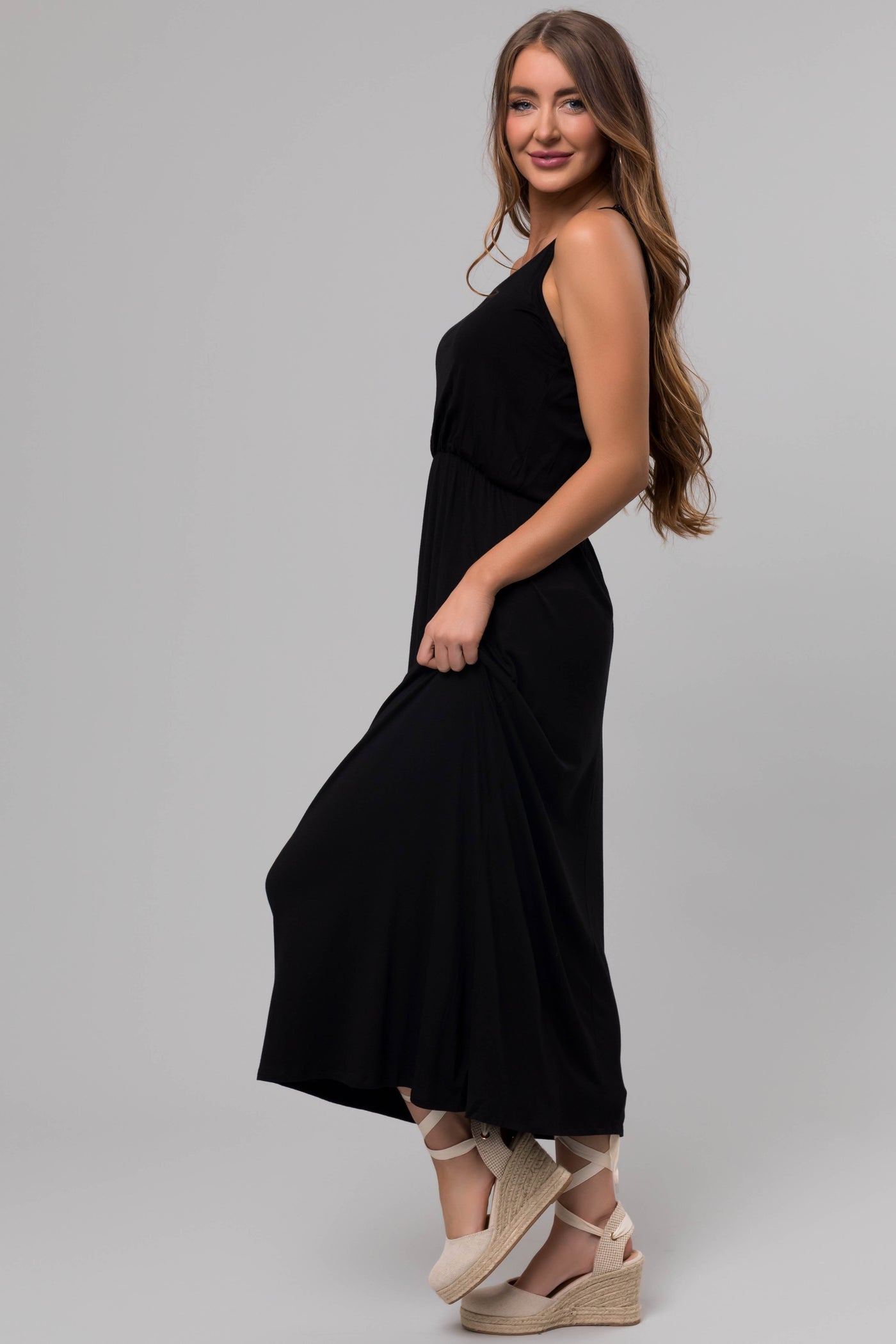 Black Blouson Knit Maxi Cami Dress