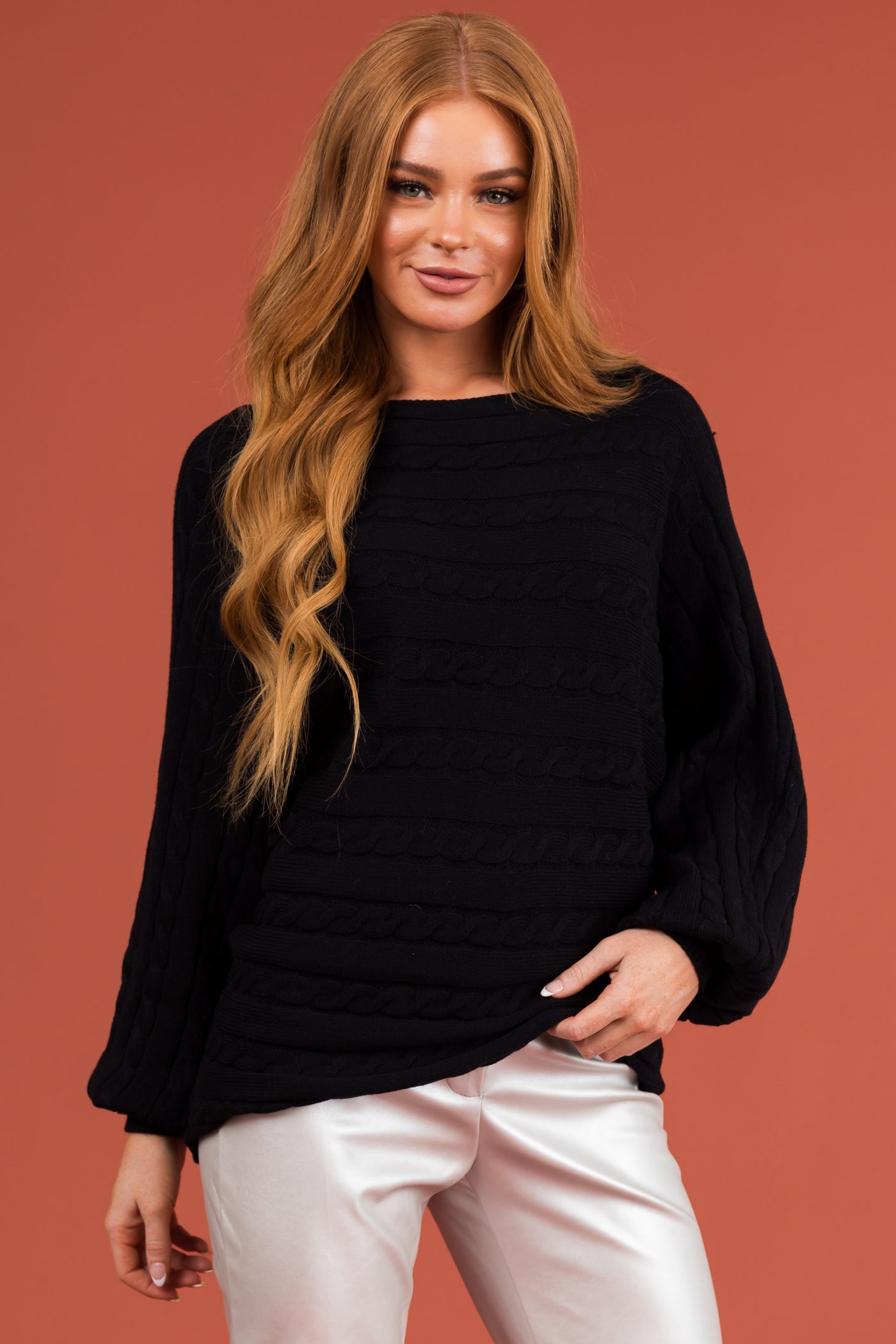 Black Boat Neckline Soft Cable Knit Sweater