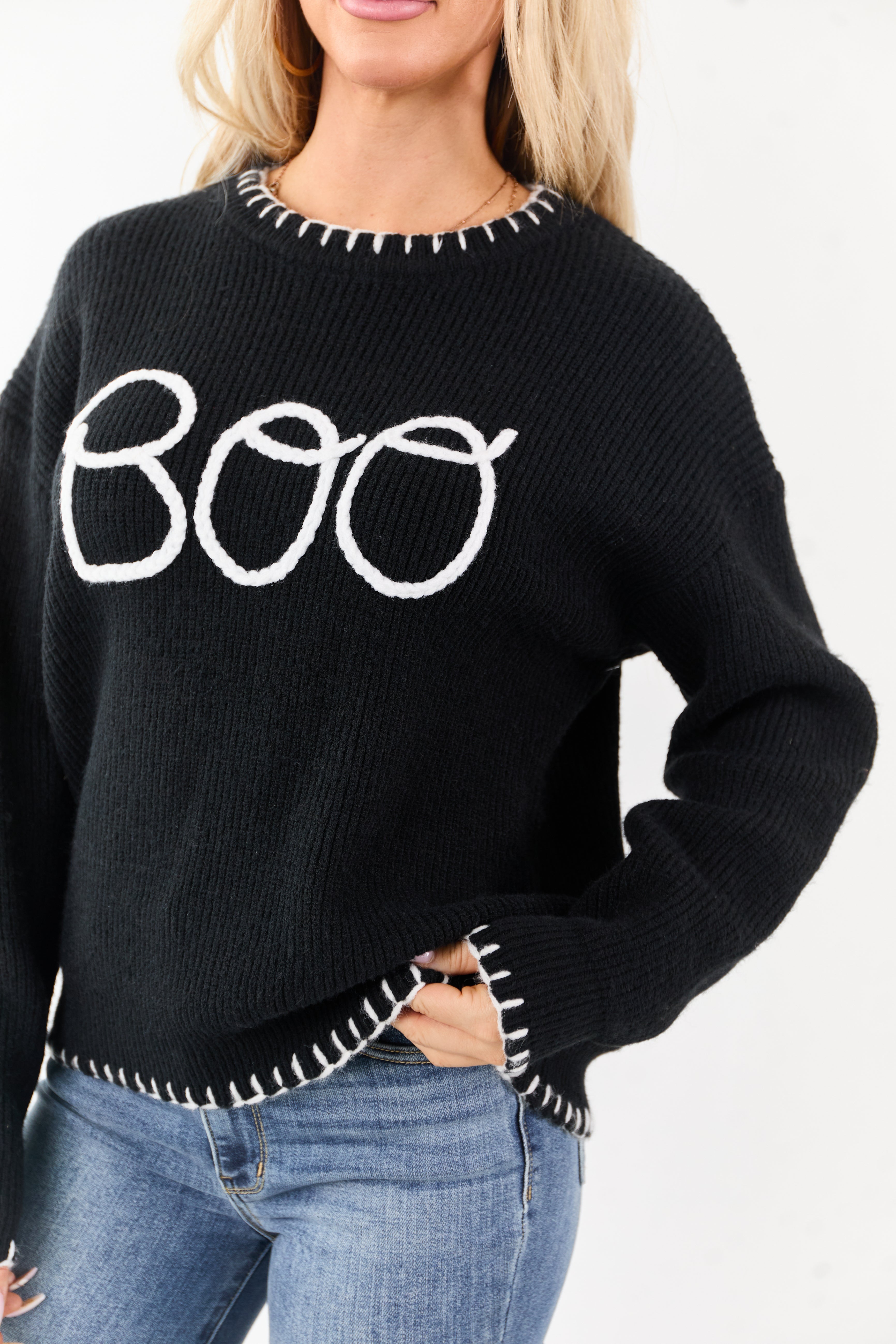 Black 'Boo' Embroidered Long Sleeve Sweater