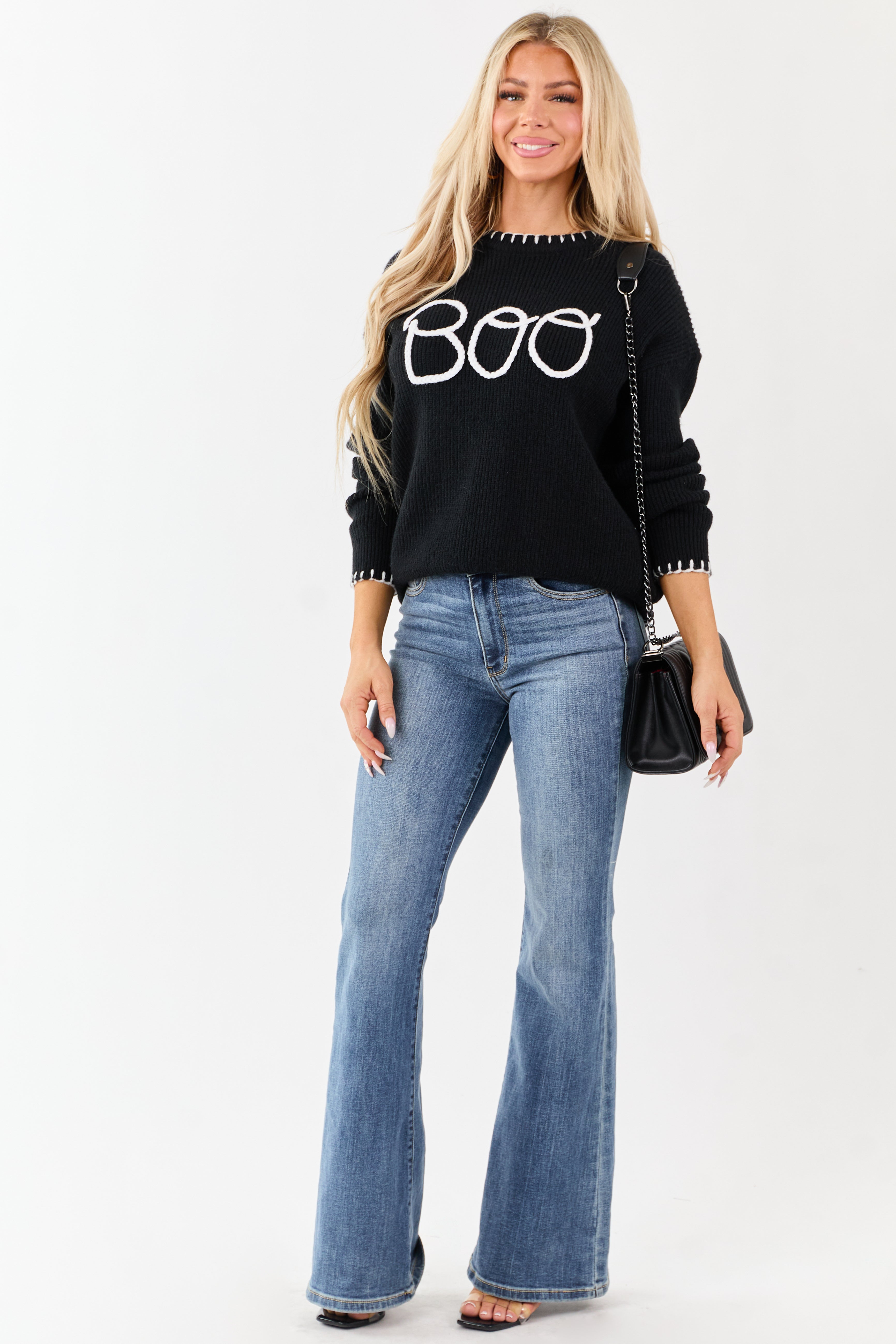 Black 'Boo' Embroidered Long Sleeve Sweater