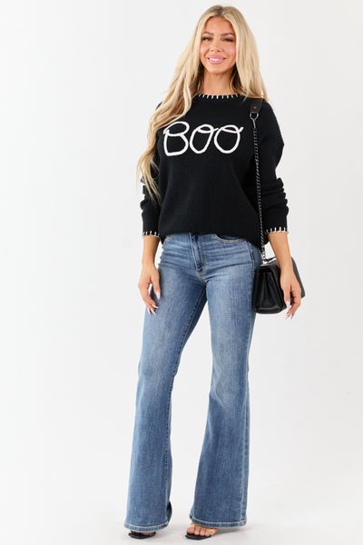 Black 'Boo' Embroidered Long Sleeve Sweater
